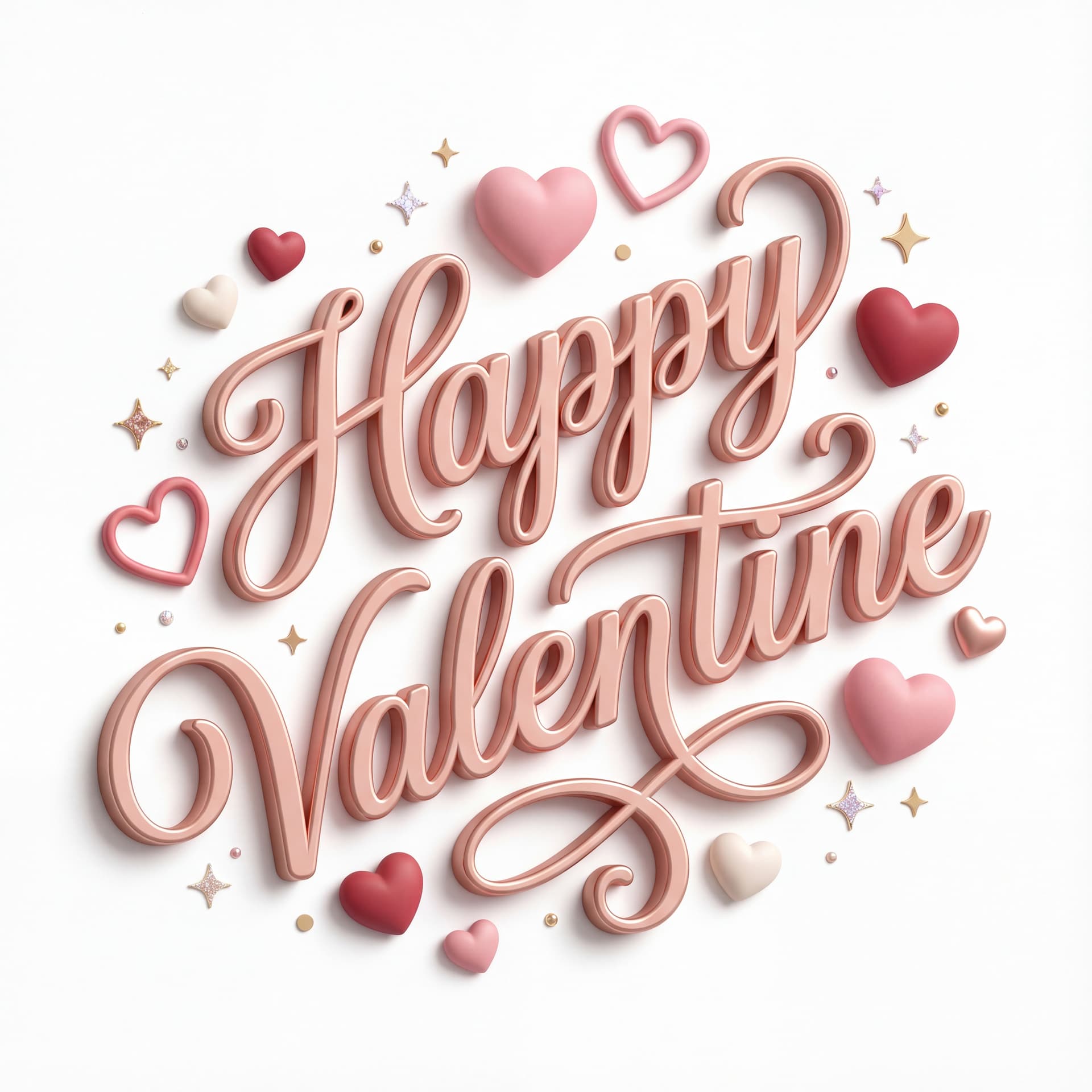 “Happy Valentine” displayed in smooth decorative lettering, surrounded by floating heart shapes and small sparkle accents, centered composition, isolated on a white background.