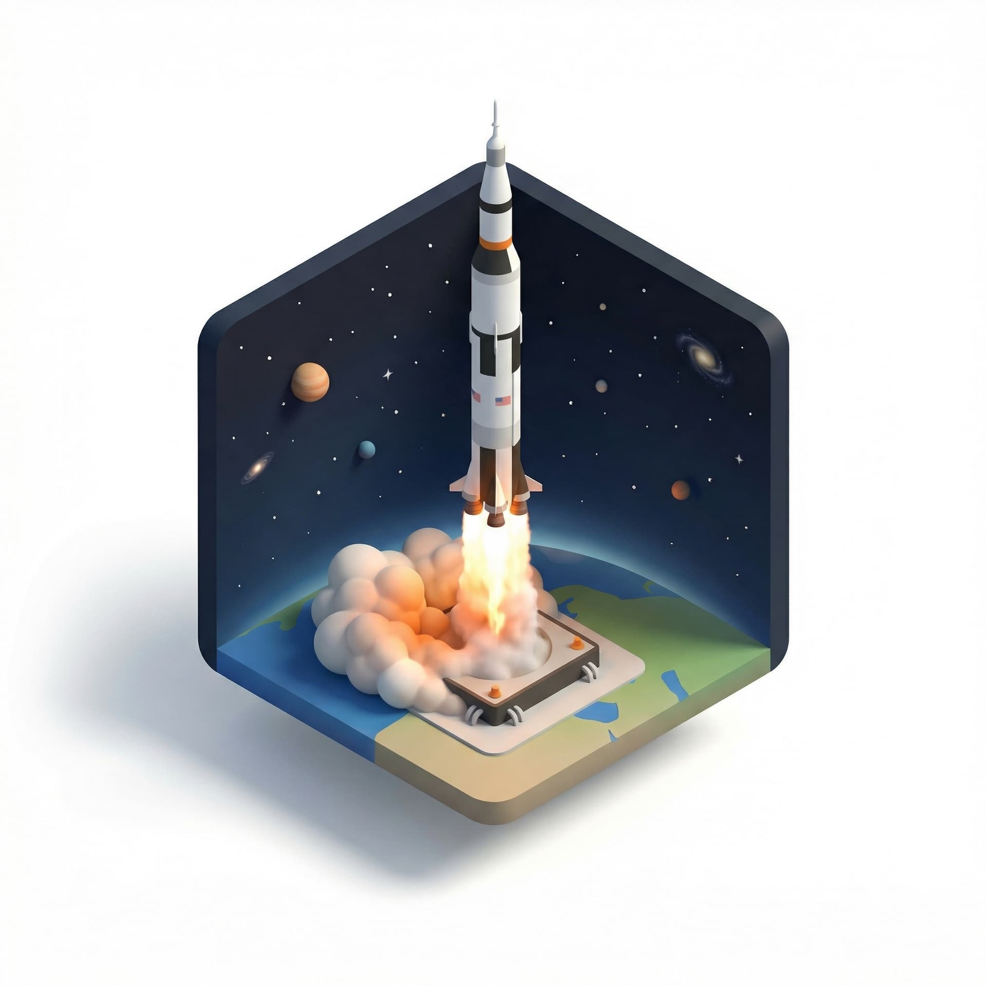 A rocket ship launching into space