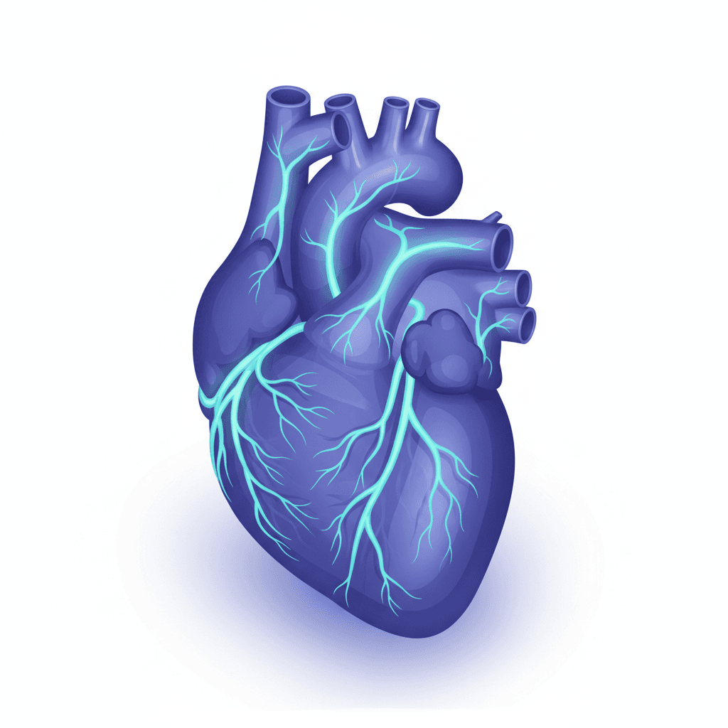 Futuristic X-ray visualization of a human heart, semi-transparent structure with luminous vascular network, soft volumetric radiographic illumination, precise symmetrical layout, ultra-clean microstock composition.
