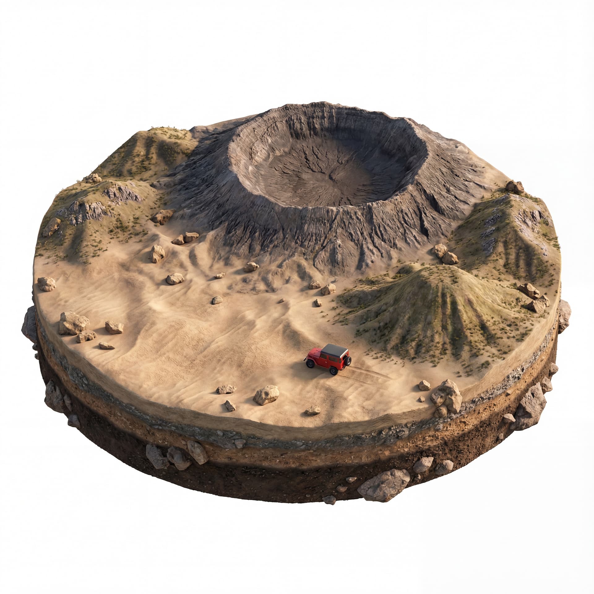 Mount Bromo, detailed volcanic crater, circular caldera, sea of sand, low hills around the crater, without smoke rising from the cone, small jeep hardtop on the sand for scale, floating island base with layered soil + sand textures, scattered rocks