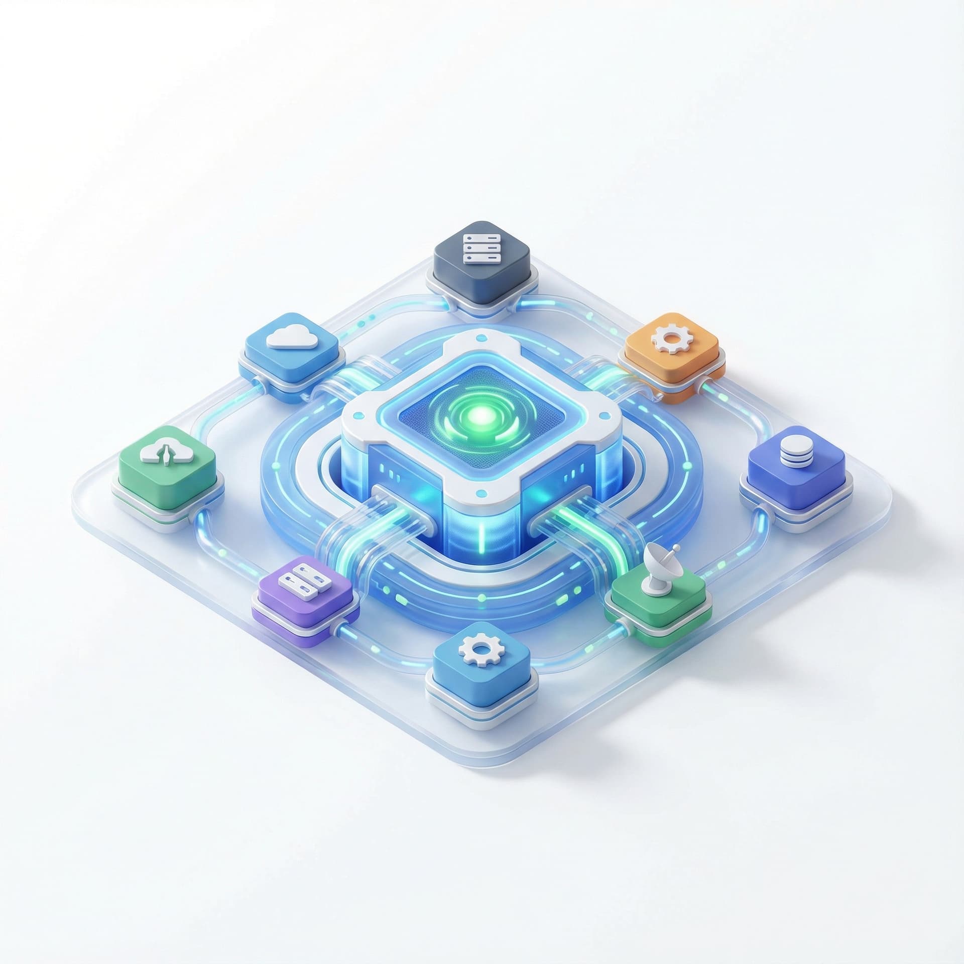 Design a high-impact, modern system icon titled “Status Enabler (FCC)” that visually represents the core connector of a complex digital ecosystem. The icon should symbolize the “heart” of data flow, acting as the central enabler that synchronizes and activates all subsystems. Use a clean, professional icon style suitable for enterprise software dashboards,