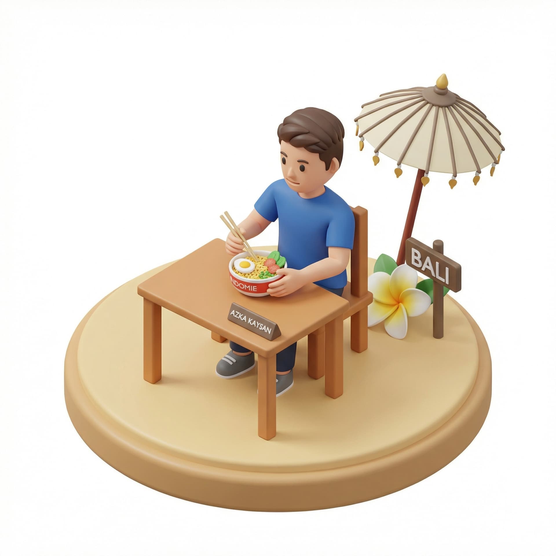 Orang bernama Azka Kaysan memakan indomie di bali