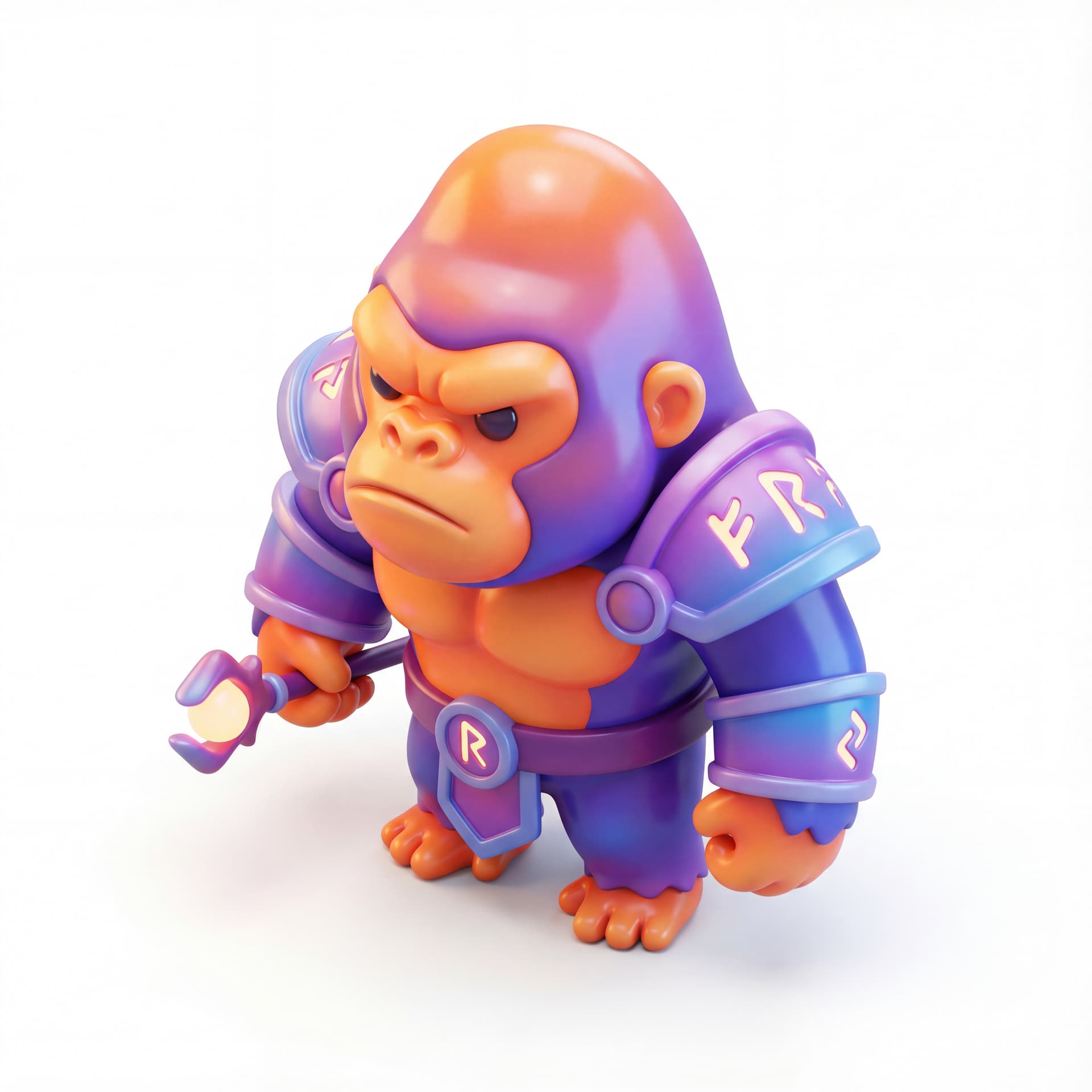 a chibi angry gorilla fantasy monster with glossy vinyl and gradient vibrant bright color palette. standing tanpa tatakan. 