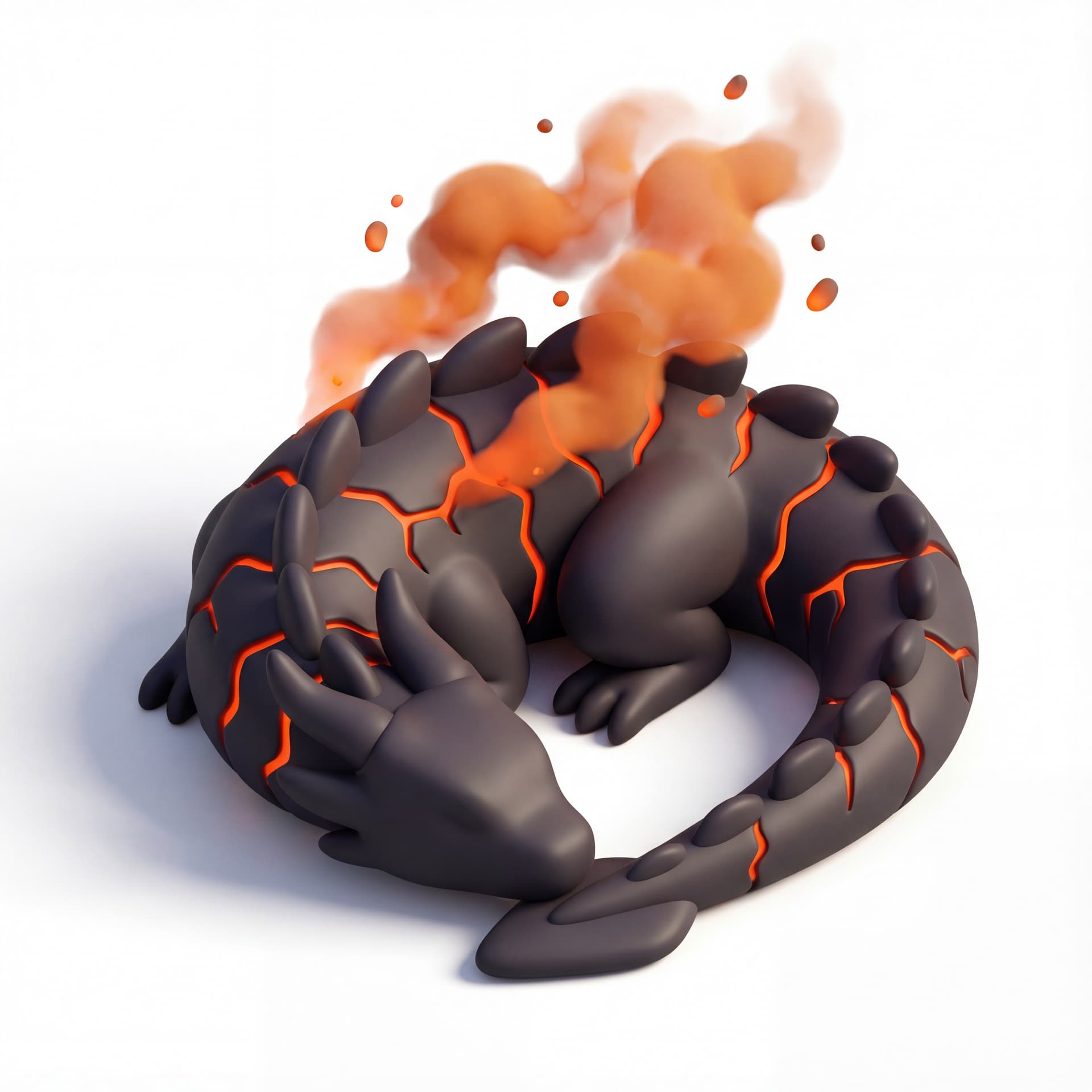 An isometric dragon with matte charcoal scales, glowing lava cracks, and thick orange ember smoke rising from its back.