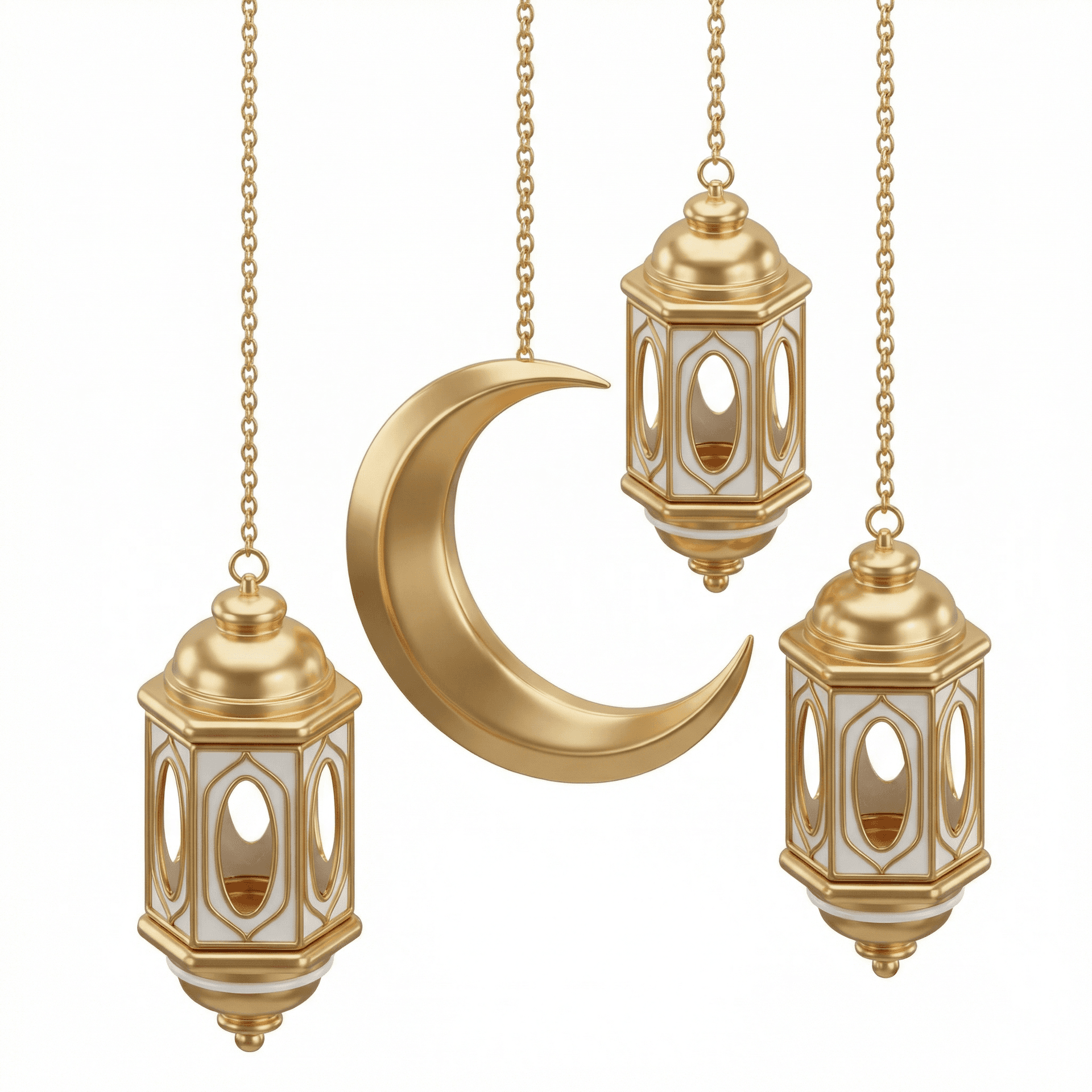 An elegant stylized 3D illustration of Islamic hanging decorations suspended from golden chains. At the center is a smooth metallic golden crescent moon, slightly curved and polished, acting as the main focal point. Surrounding the crescent are three traditional Islamic lanterns hanging at different heights. Each lantern features a refined combination of glossy gold metal frames and smooth white enamel panels with oval cut-out windows. The lanterns have symmetrical shapes, rounded edges, and decorative gold caps on the top and bottom. The chains are thin, metallic, and golden, extending upward out of frame. The overall design is luxurious yet minimal, with clean geometry and balanced proportions. Materials are high-quality metallic gold and ceramic-like white surfaces with realistic reflections and soft highlights. Rendered in a clean studio setup, isolated on a pure white background. Soft diffused lighting, global illumination, subtle shadows, no harsh contrast. High-end 3D render, modern Islamic decor style, Ramadan and Eid theme, elegant and premium look, ultra-sharp focus, PBR materials, ray tracing, ambient occlusion, blender cycles / octane render quality, high resolution.
