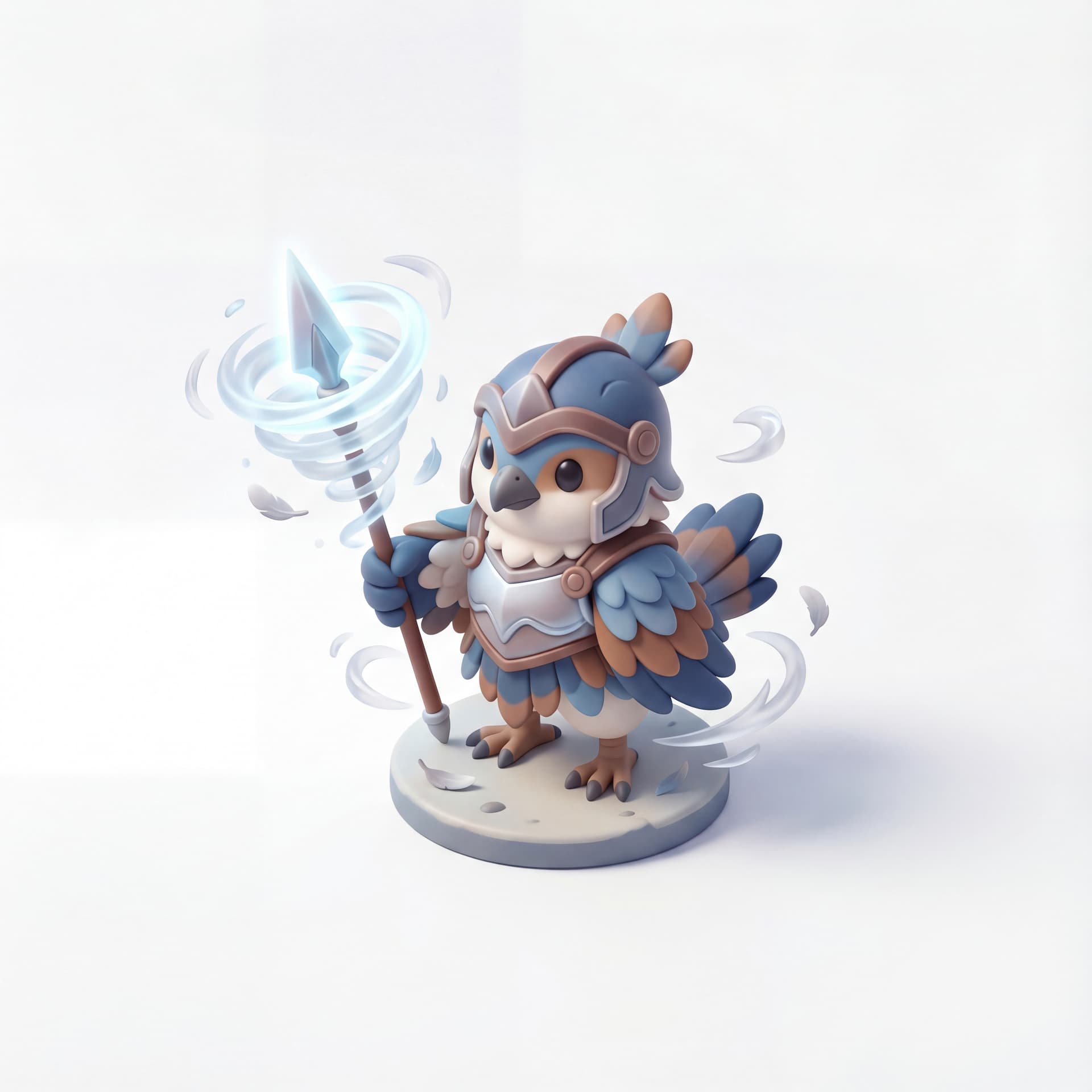 A 3D chibi bird humanoid lancer holding a spear tipped with compressed air energy, wind vortex forming around the weapon, feathers and armor rendered in high detail, isolated character.