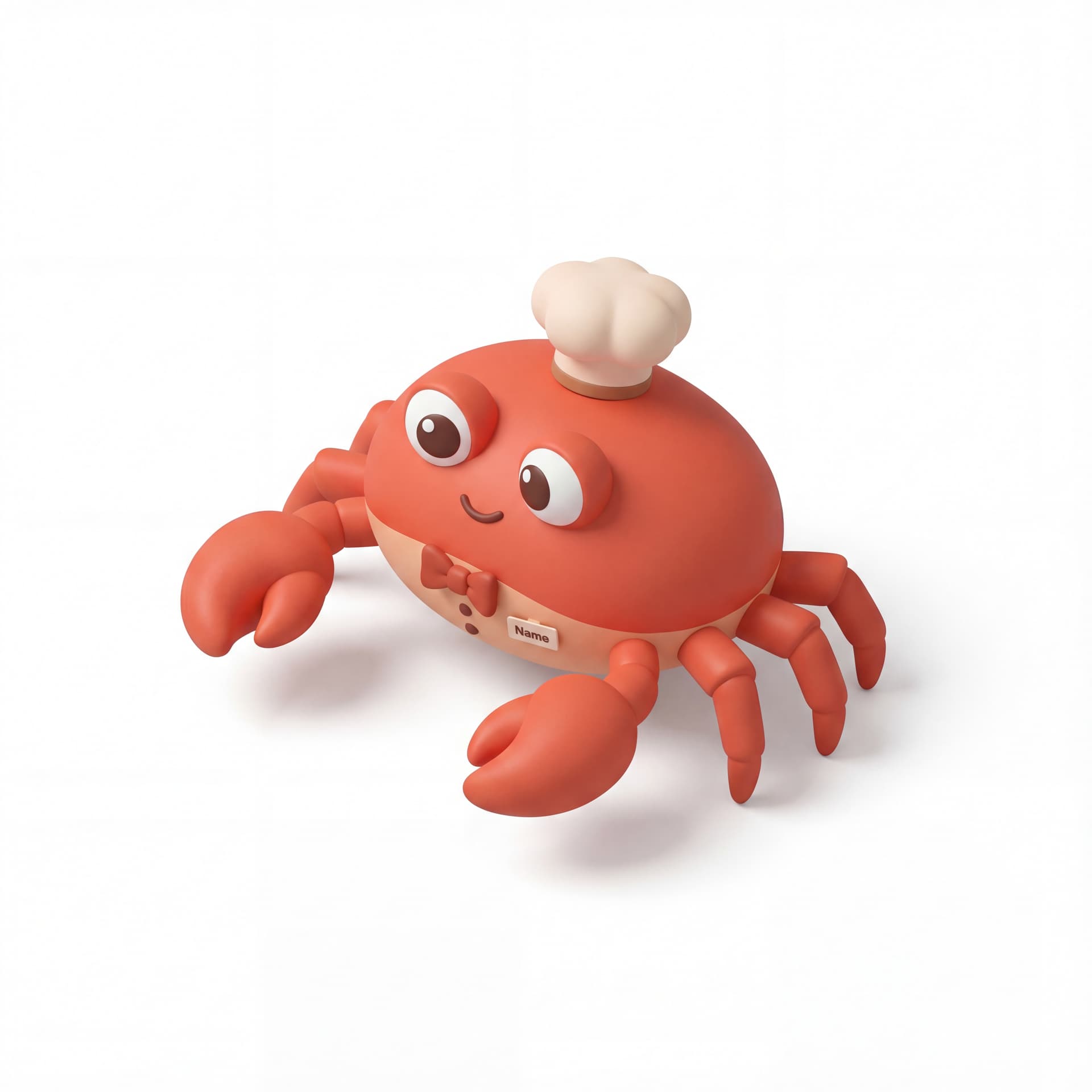 A cute cartoon crab mascot character dressed as a restaurant manager, full body, front-facing, rounded proportions, big expressive eyes, soft shading, friendly neutral smile, centered composition, isolated on a white background.