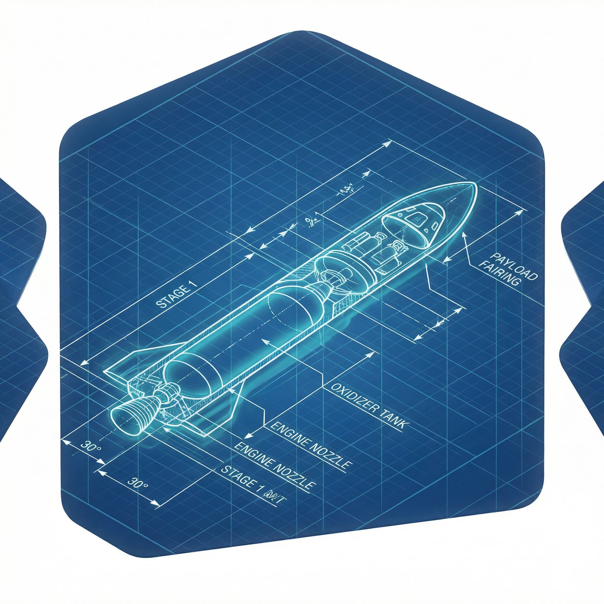 Isometric icon of a space rocket, engineering blueprint, cross-section view, grid background, technical annotations, cyan and white lines.