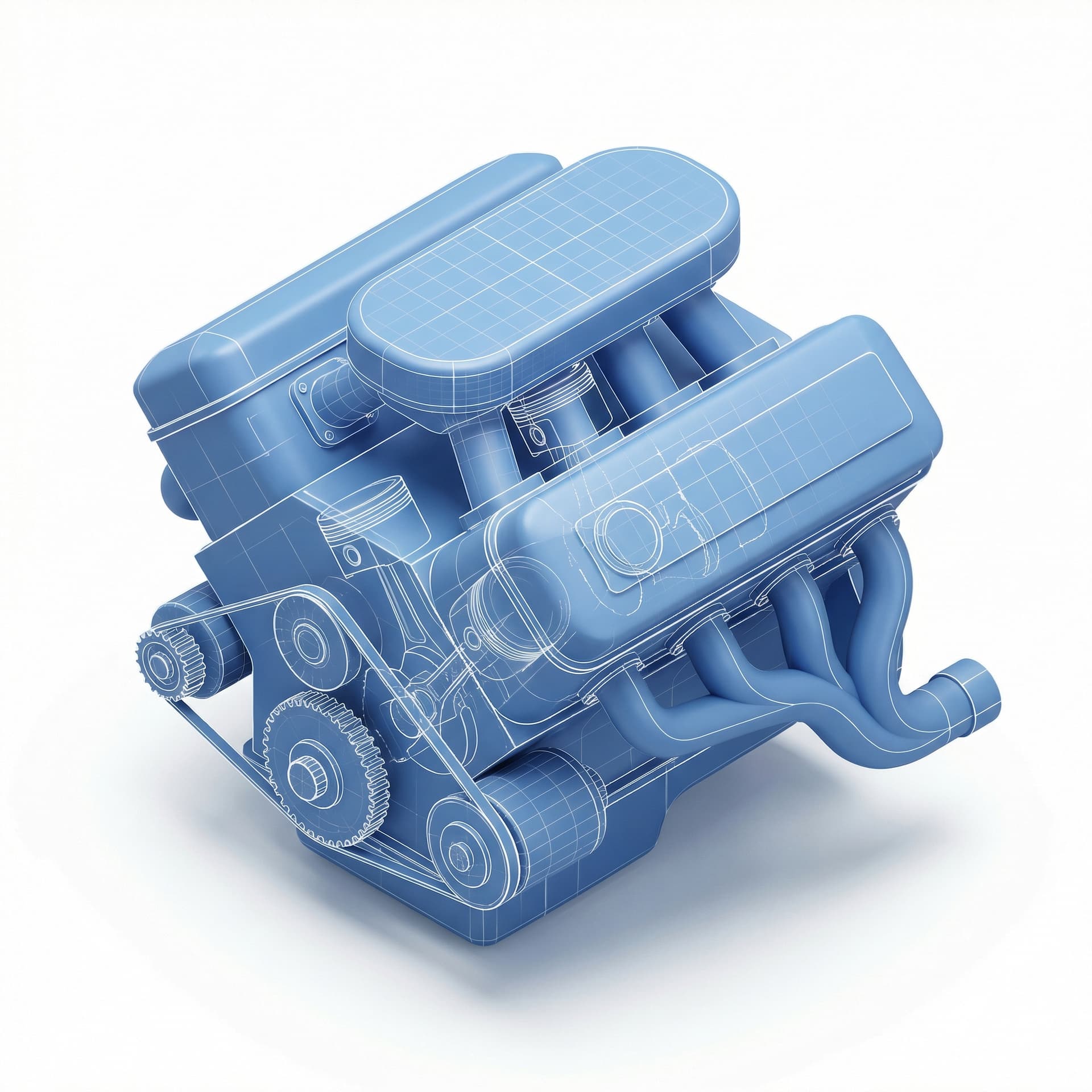 Isometric icon of a car engine, blueprint style, white schematic lines on blue background, technical drawing, grid lines, precise engineering.