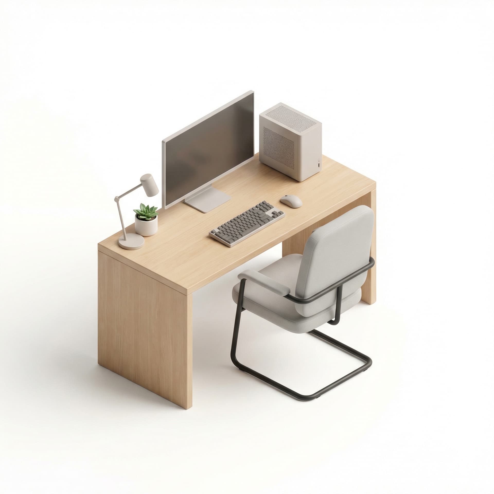 minimalist pc desktop setup with desk and chair