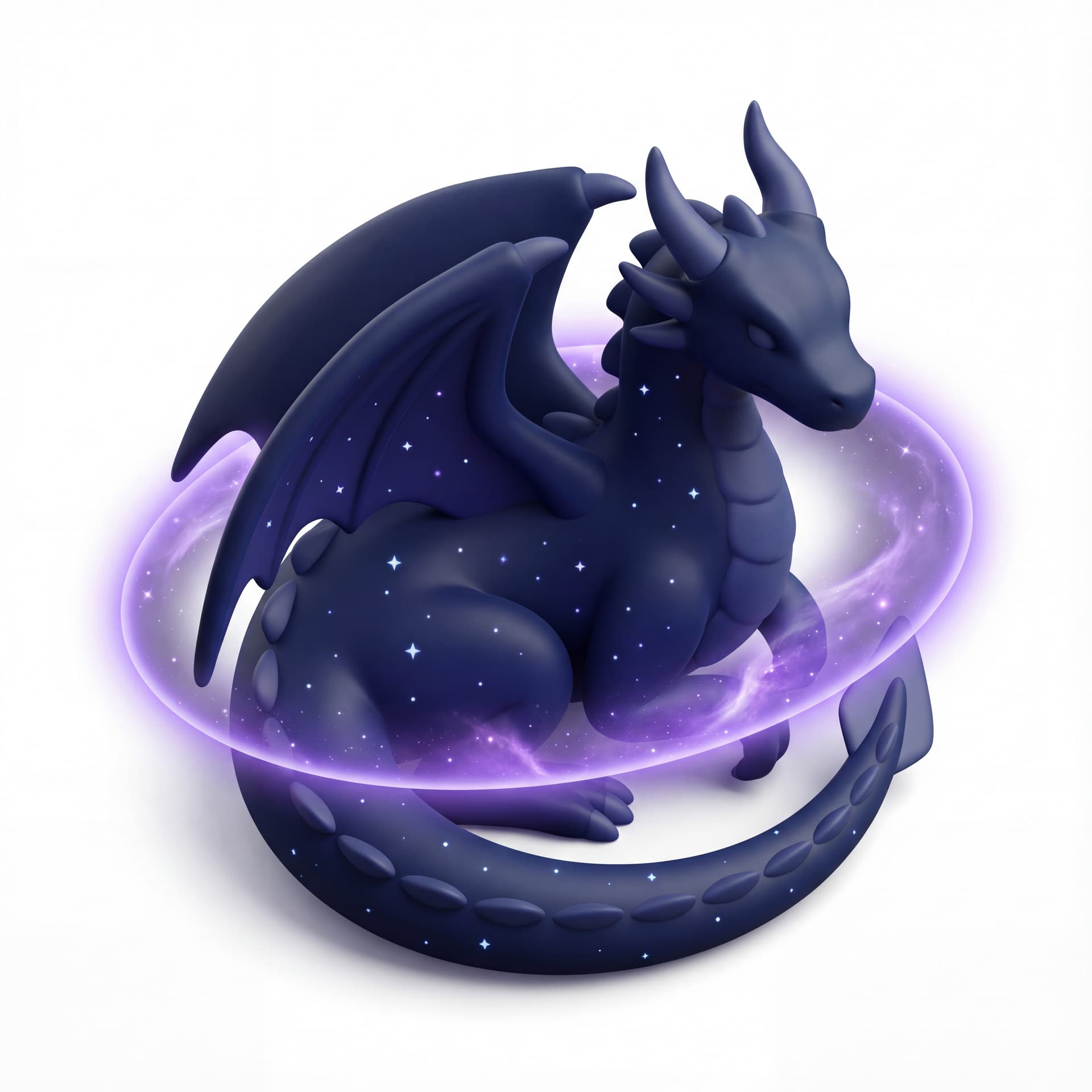 An isometric dragon with midnight-navy star-speckled skin encircled by a violet cosmic halo symbolizing destiny.