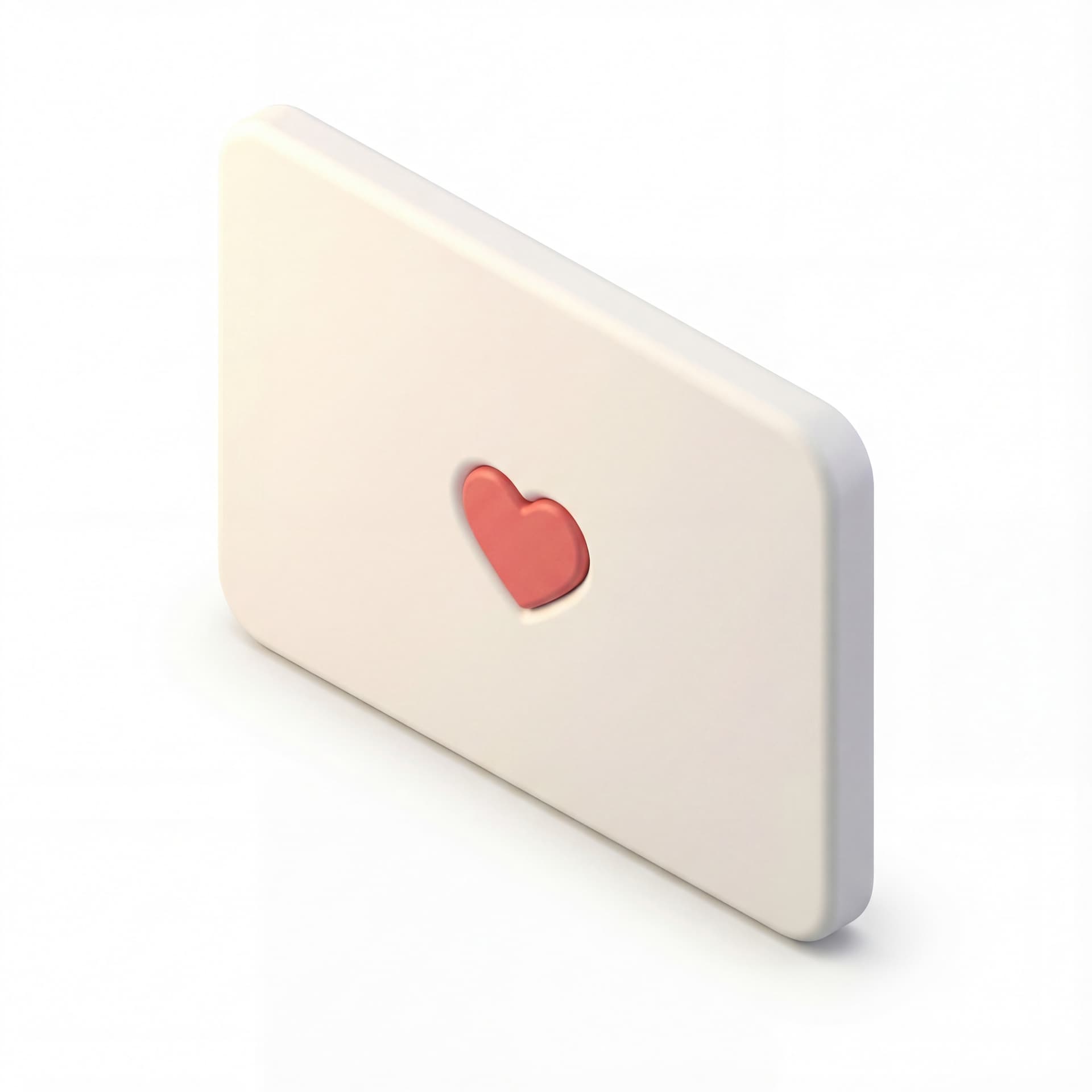 A gift card with rounded corners and a small heart symbol in the center, flat front view, isolated on a white background.