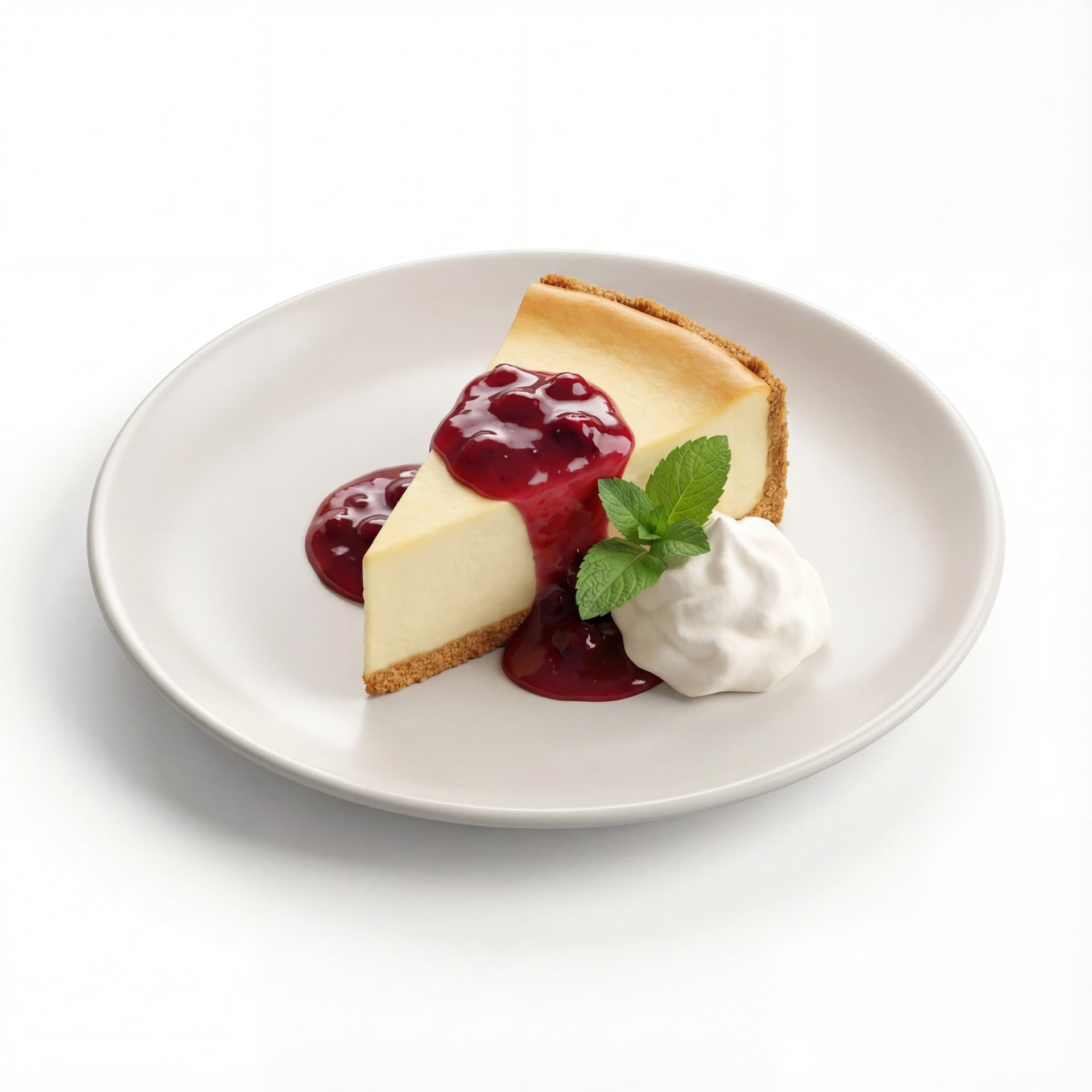 A dessert plate holding New York–style cheesecake slice, berry compote, whipped cream, and mint leaf garnish.
