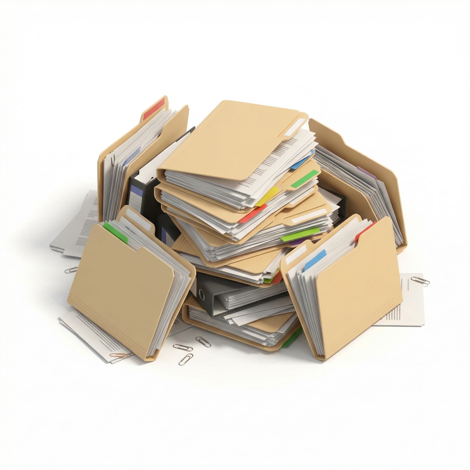 Tumpukan ikon file folder yang berantakan atau loading bar yang macet di 99%.