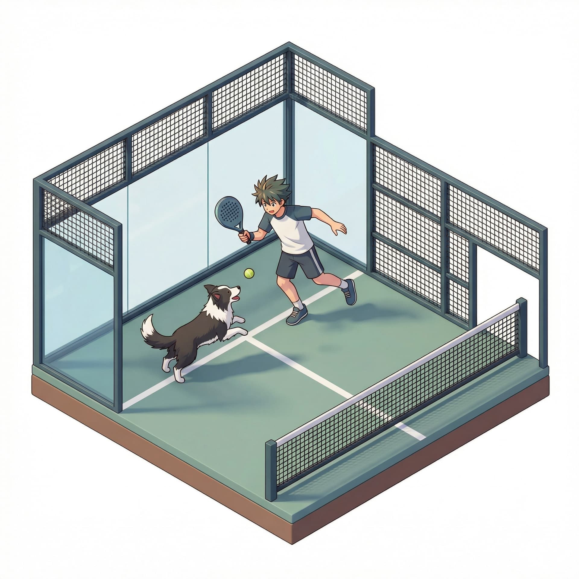 a man playing padel with a dog, anime style