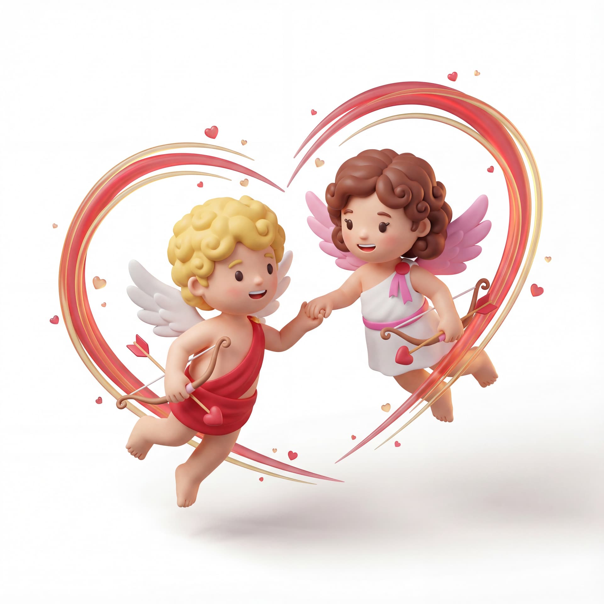 A full-body portrait of a cute couple of Cupid characters flying in a circular motion, creating a heart-shaped movement path, playful dynamic pose, isolated on a white background.