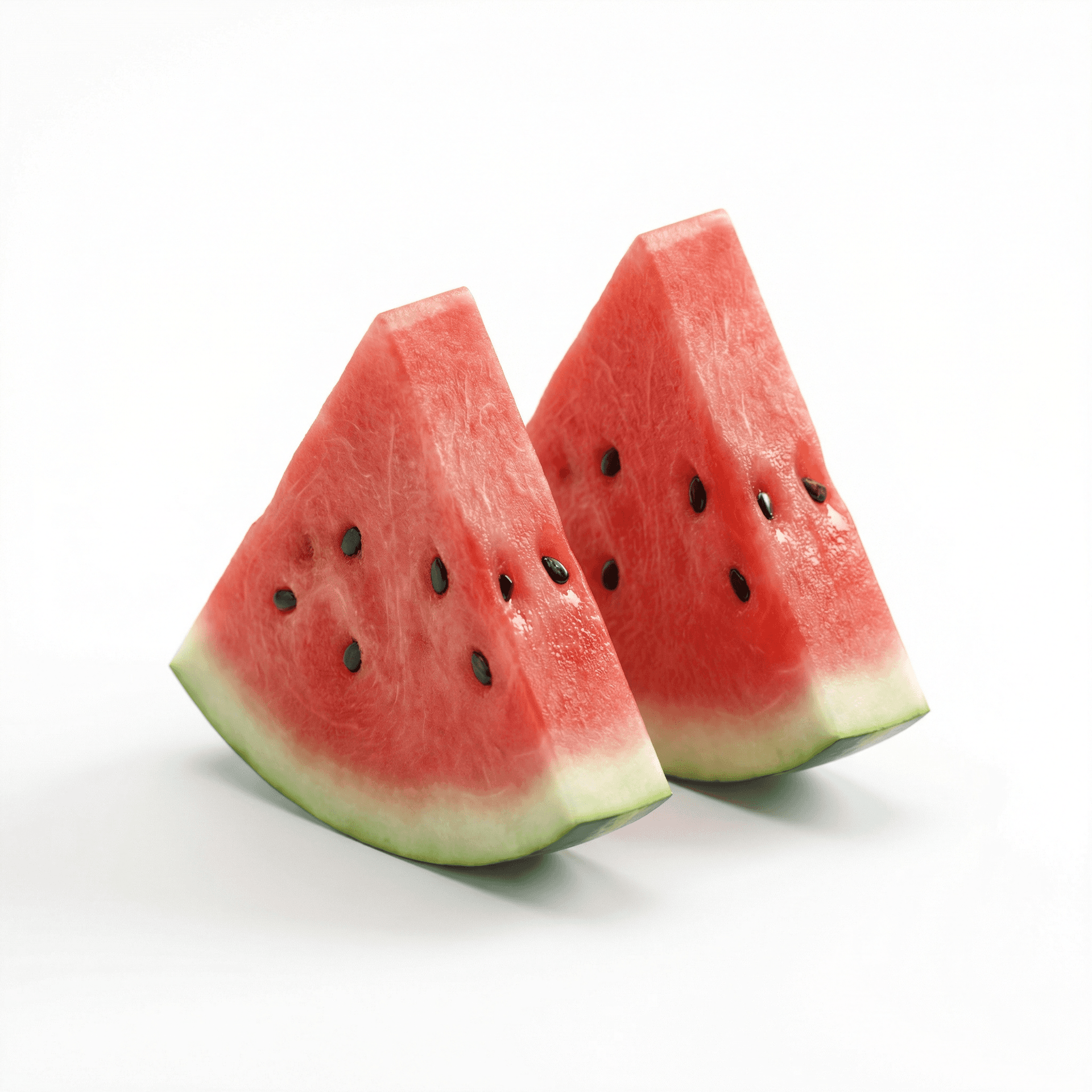 A hyper-realistic 3D render of two fresh watermelon slices standing upright on a clean white surface. Each slice has a triangular shape with vibrant red flesh, visible natural fiber texture, and glossy black seeds embedded organically inside. The rind shows a smooth gradient from deep green outer skin to a pale white inner layer, with realistic thickness and subtle translucency.  The watermelon flesh appears juicy and moist, with fine surface details, soft specular highlights, and slight color variations to enhance realism. Soft studio lighting illuminates the scene evenly, creating gentle shadows beneath the slices and enhancing depth and volume. Minimalist composition, centered framing, clean background, shallow depth of field, ultra-high resolution, photorealistic 3D food render, octane render style, realistic materials, modern commercial food photography aesthetic.