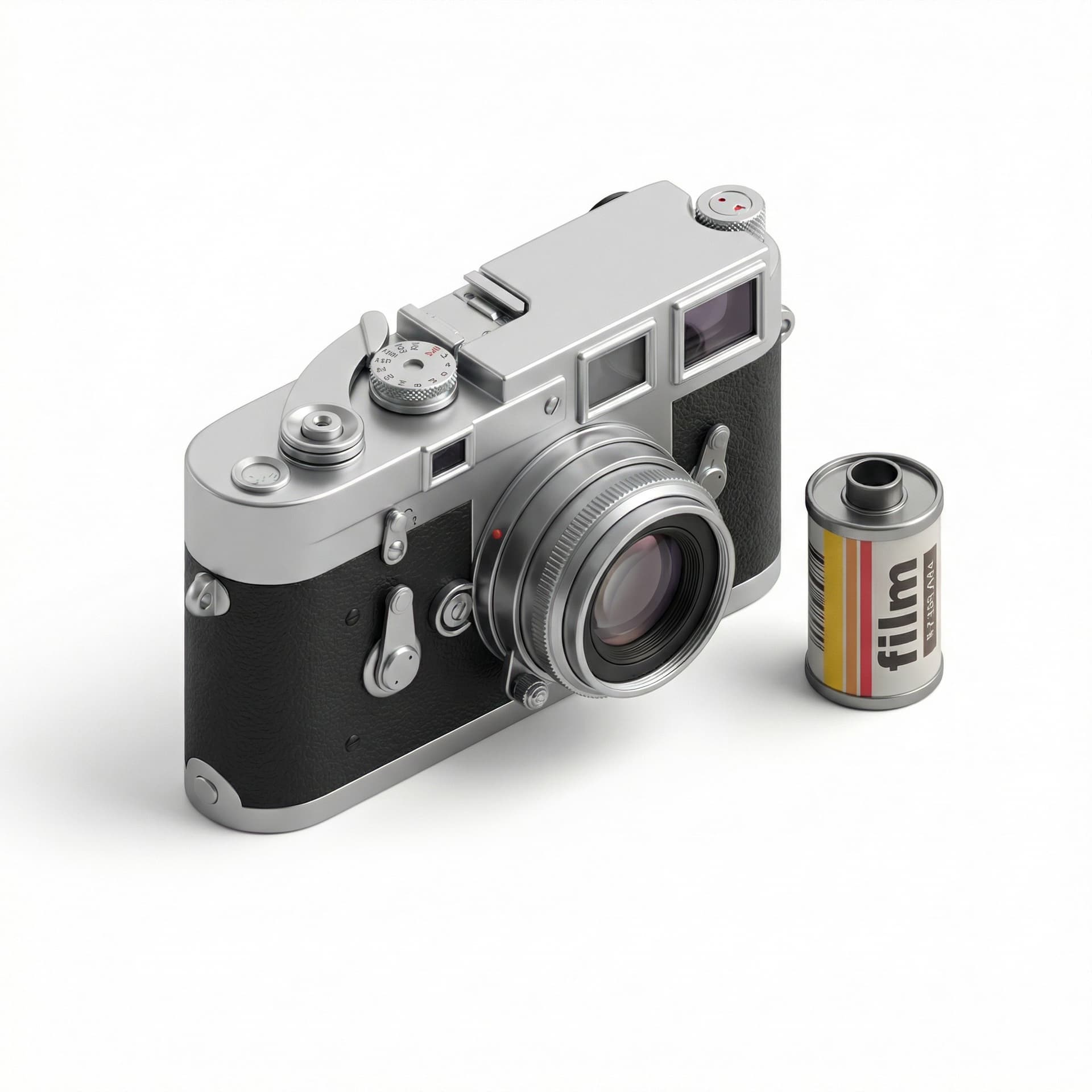 a vintage 35mm film camera with a film canister next to it