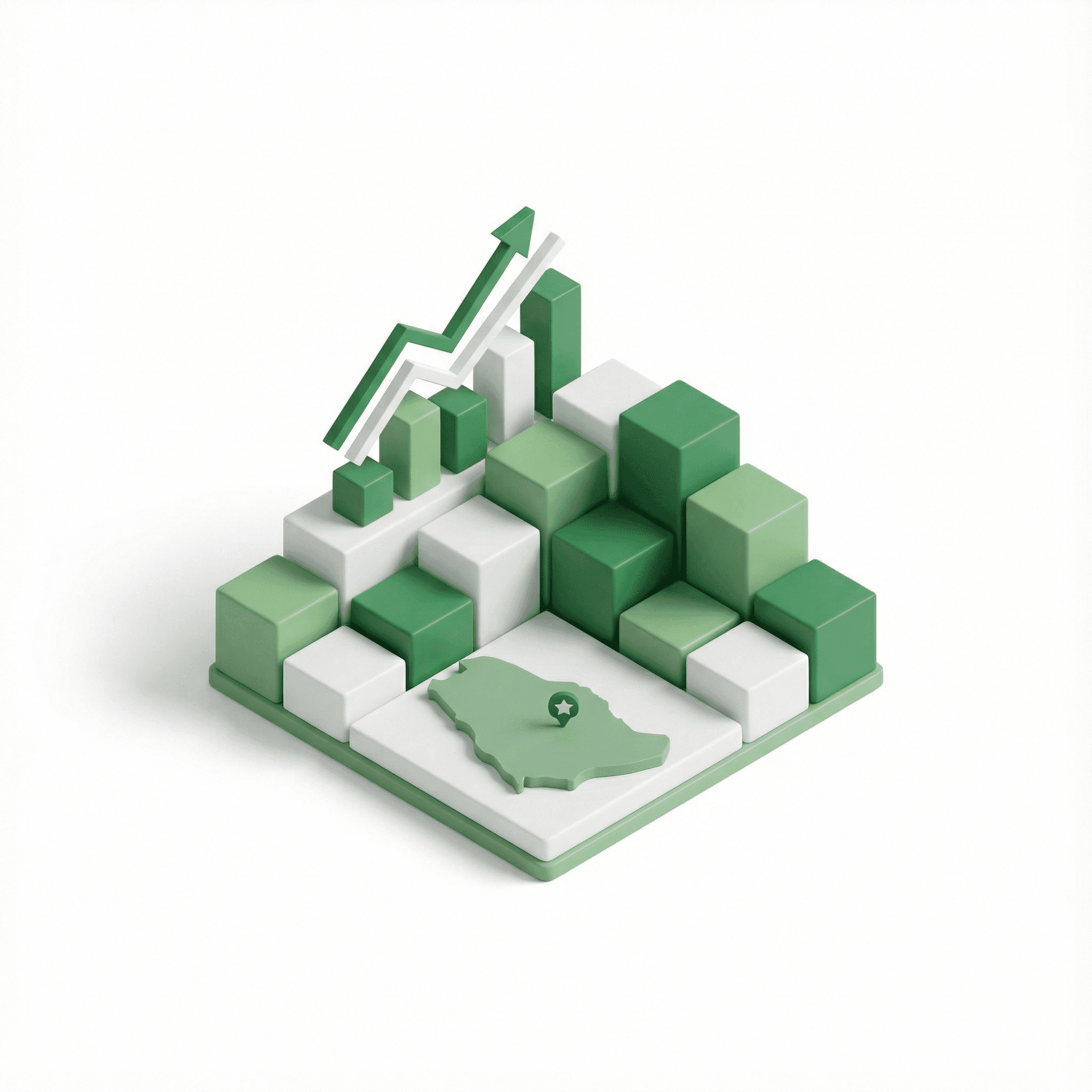Isometric icon of ETF market analysis for Saudi Arabia, showing stacked data blocks, bar charts, line graphs, and a rising trend arrow, modern financial dashboard aesthetic, green and white color palette, minimalistic isometric 3D design, fintech corporate style, soft shadows, clean background, high clarity