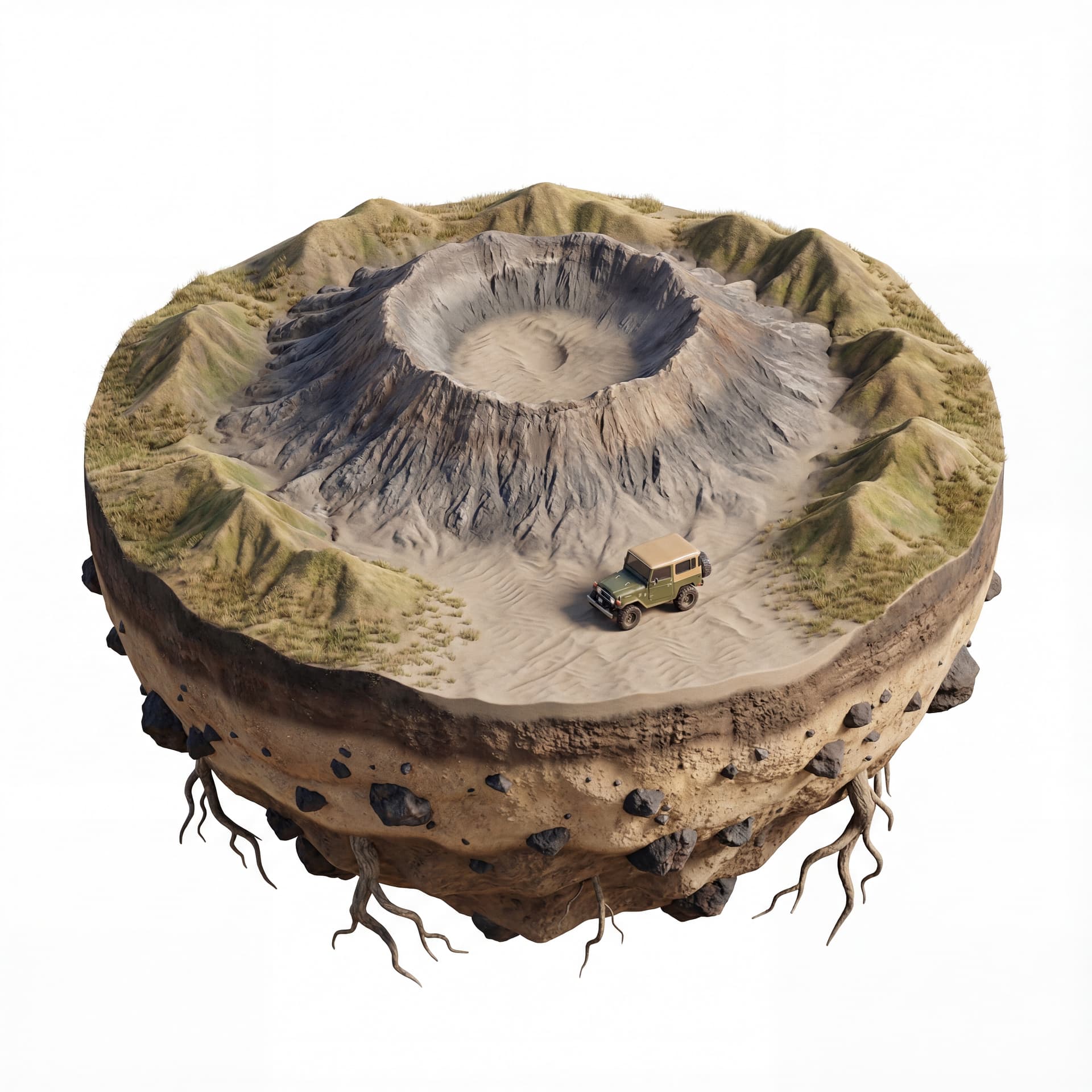 Mount Bromo, a detailed volcanic crater, a sea of sand, low hills surrounding the crater, no thin smoke rising from the crater peak, a small jeep with a hard roof on the sand for scale, the base of a floating island with layered soil texture + sand, scattered rocks and roots extending downward.
