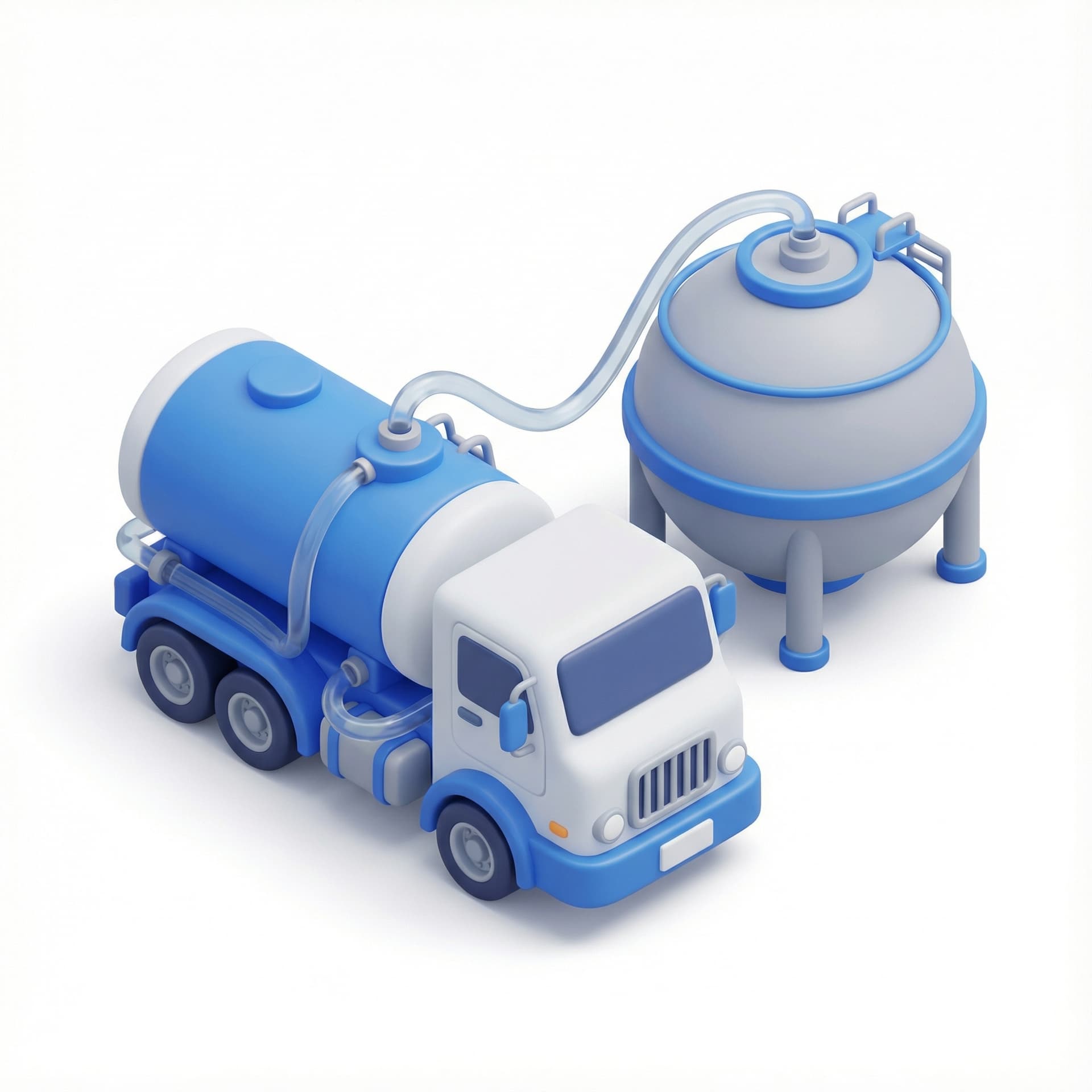 Isometric 3D icon of a chemical tanker truck transferring liquid into a storage tank, clean plastic material, rounded shapes, no cut edges, soft shadows.