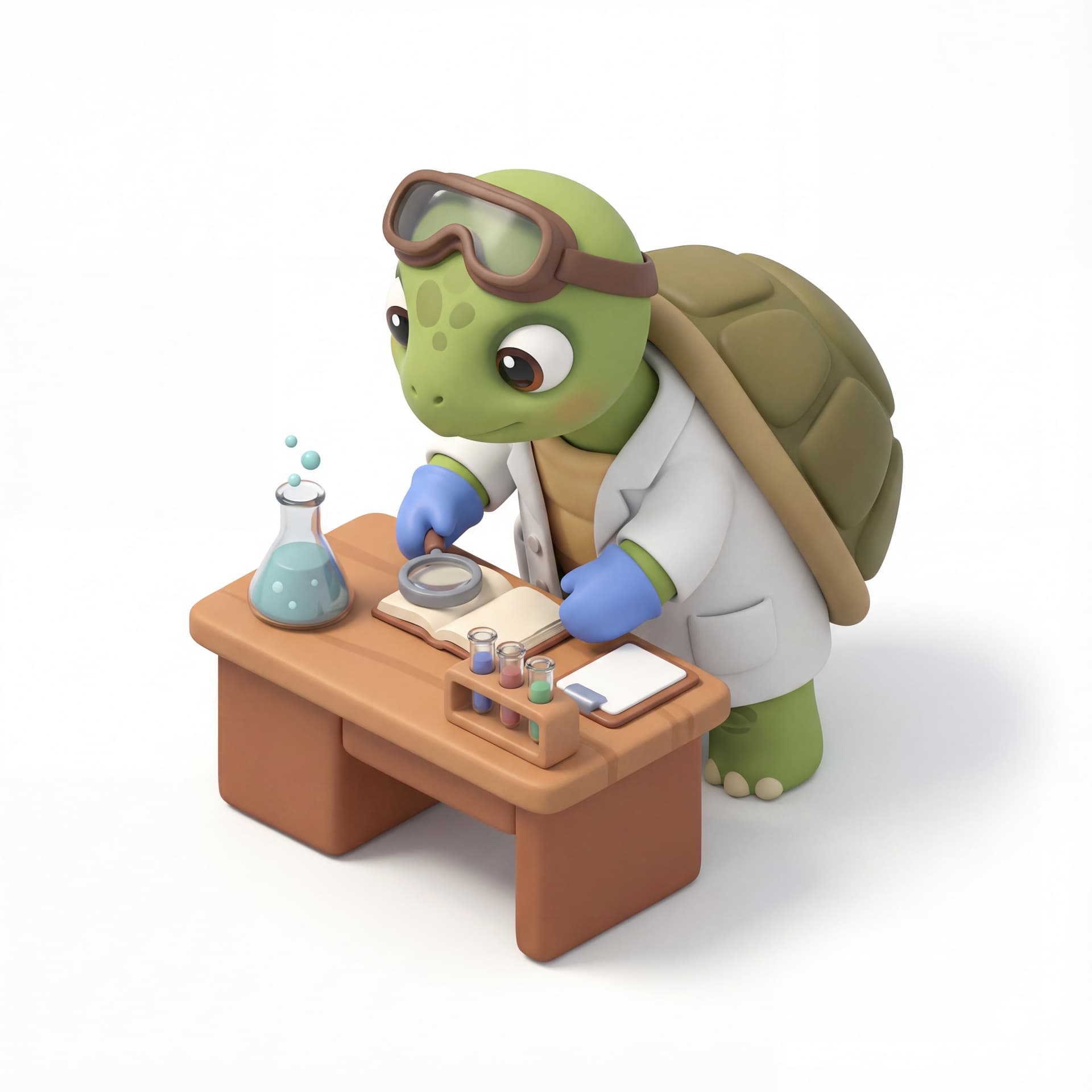 A cute cartoon illustration of a turtle scientist wearing goggles and a lab coat, curious and intelligent expression, research theme, isolated on a white background.