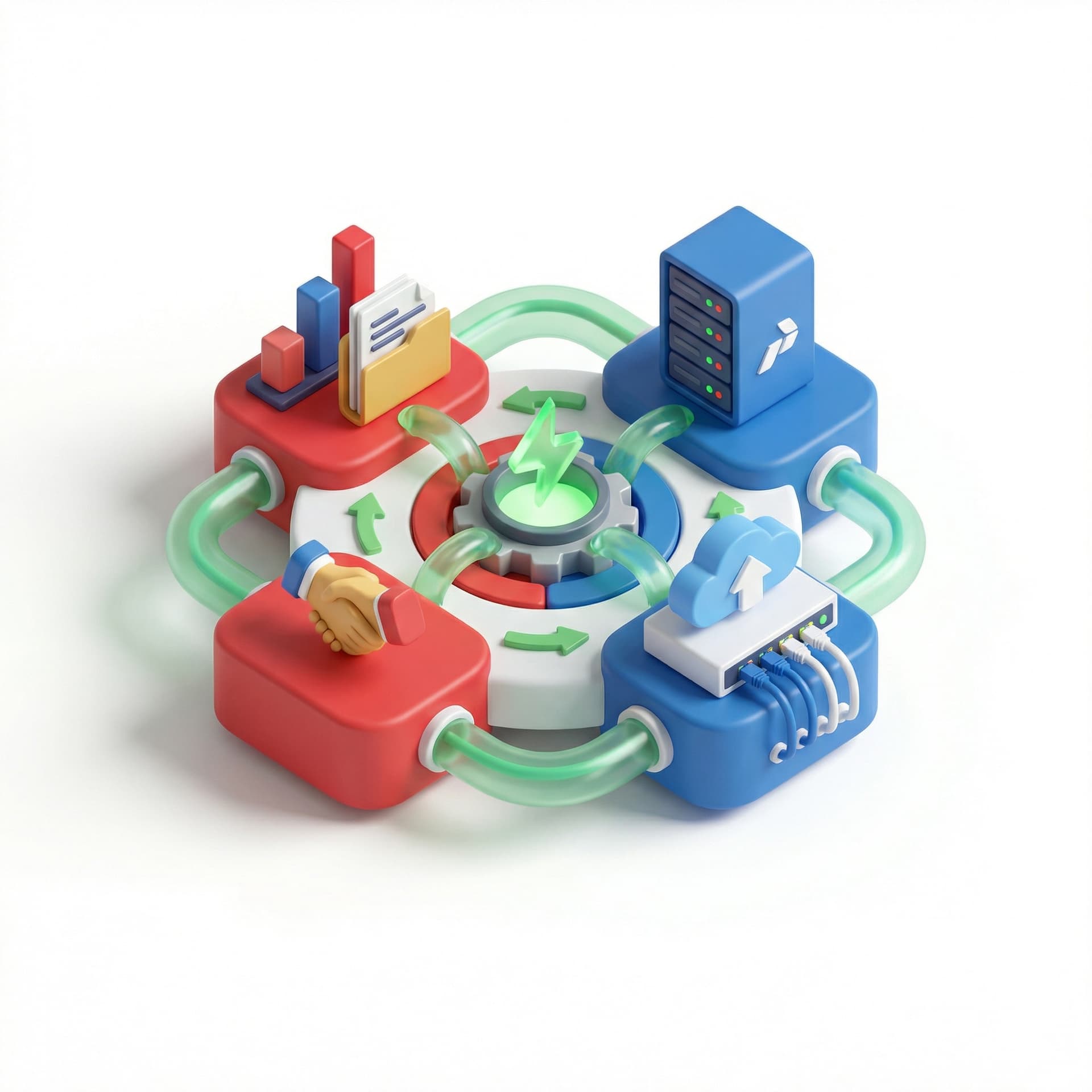 buatkan gambar yang menggabungkan proses bisnis dan IT dengan warna-warna pertamina