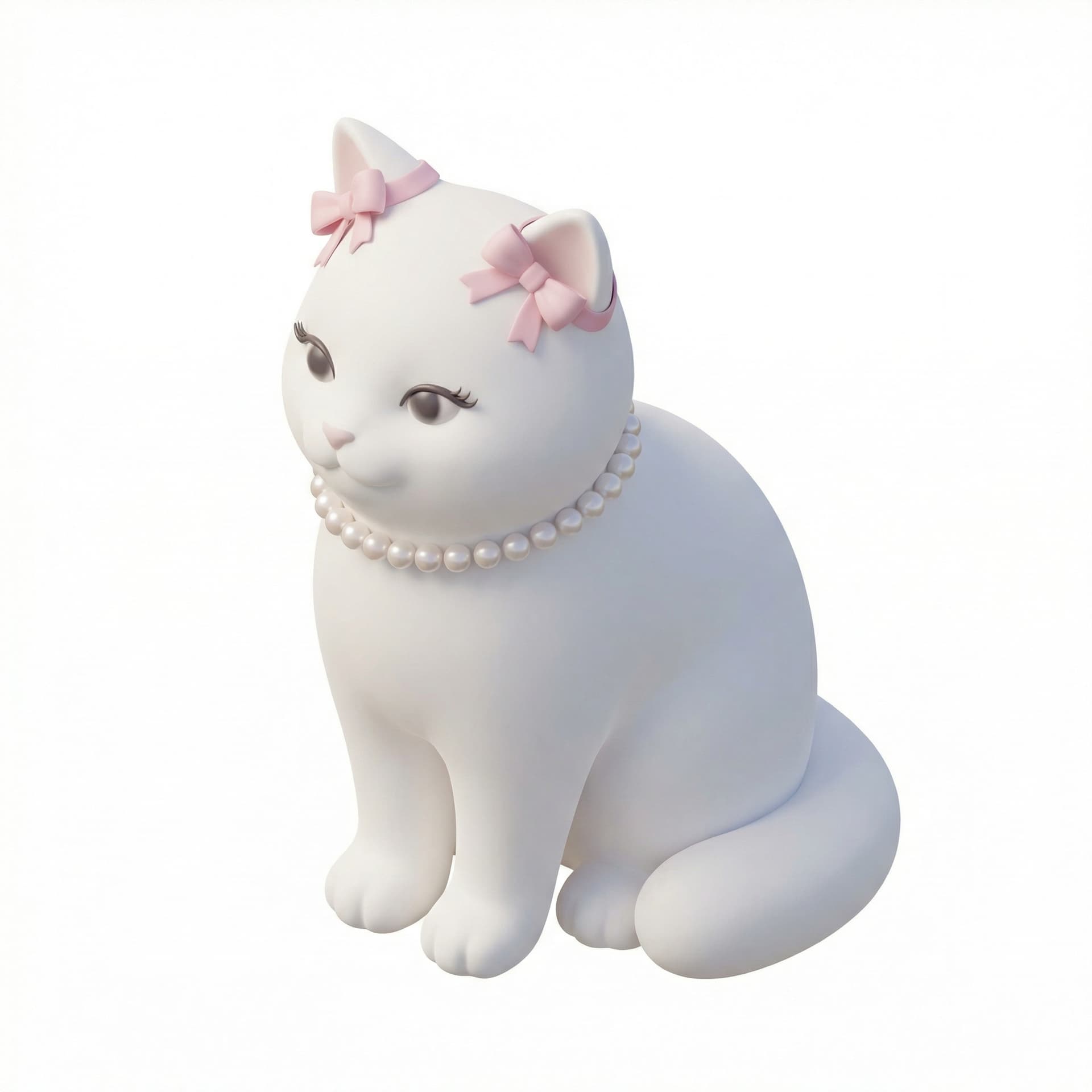 Bikin kucing putih lucu cewe pake kalung mutiara di leher di telinga nya ada pita warna pink bulu mata nya lentik tpi ga lebay trus ada garis mata dikit biar keliatan cantik