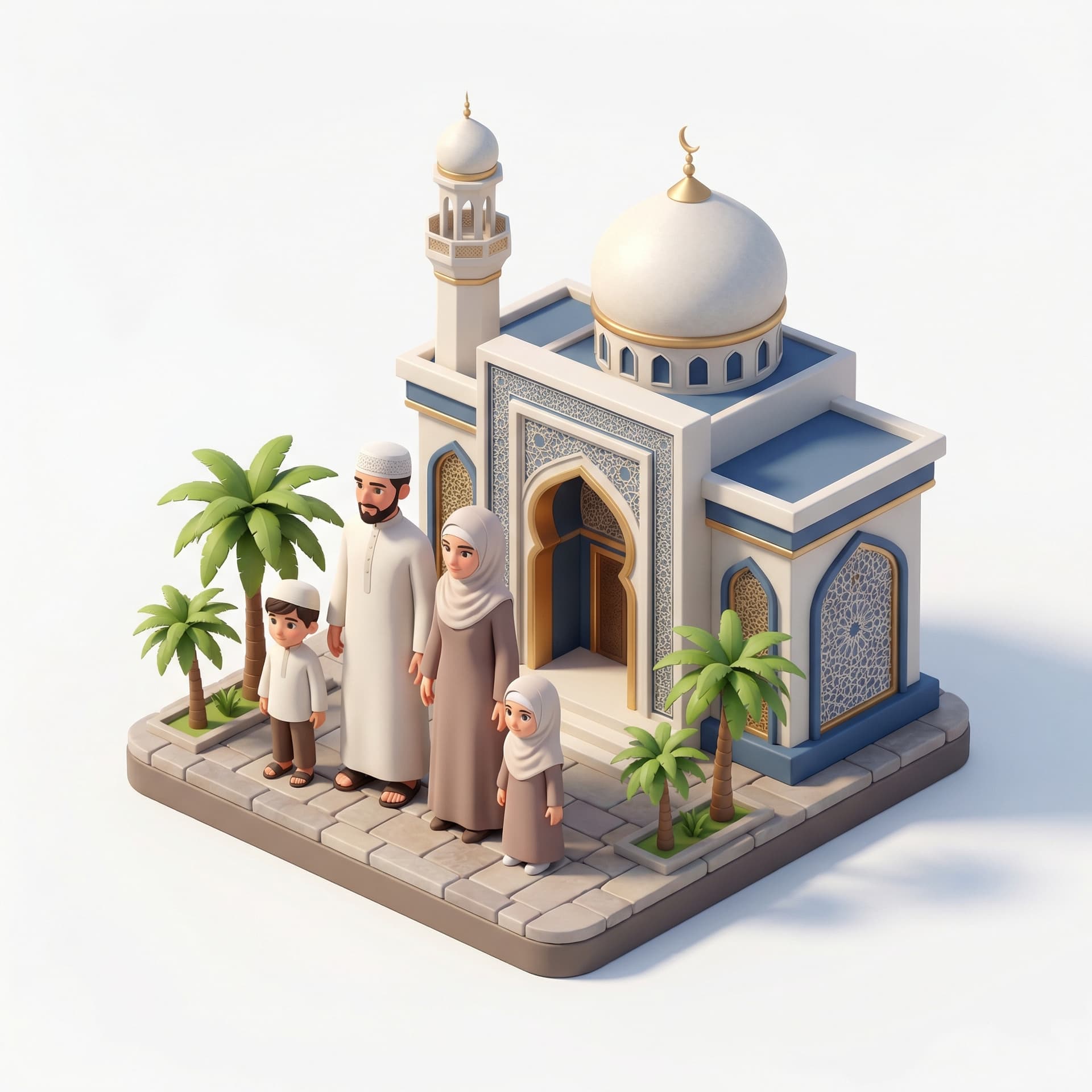 a muslim family husband, wife, 2 little kid boy and girl muslimah. in the front of mosque