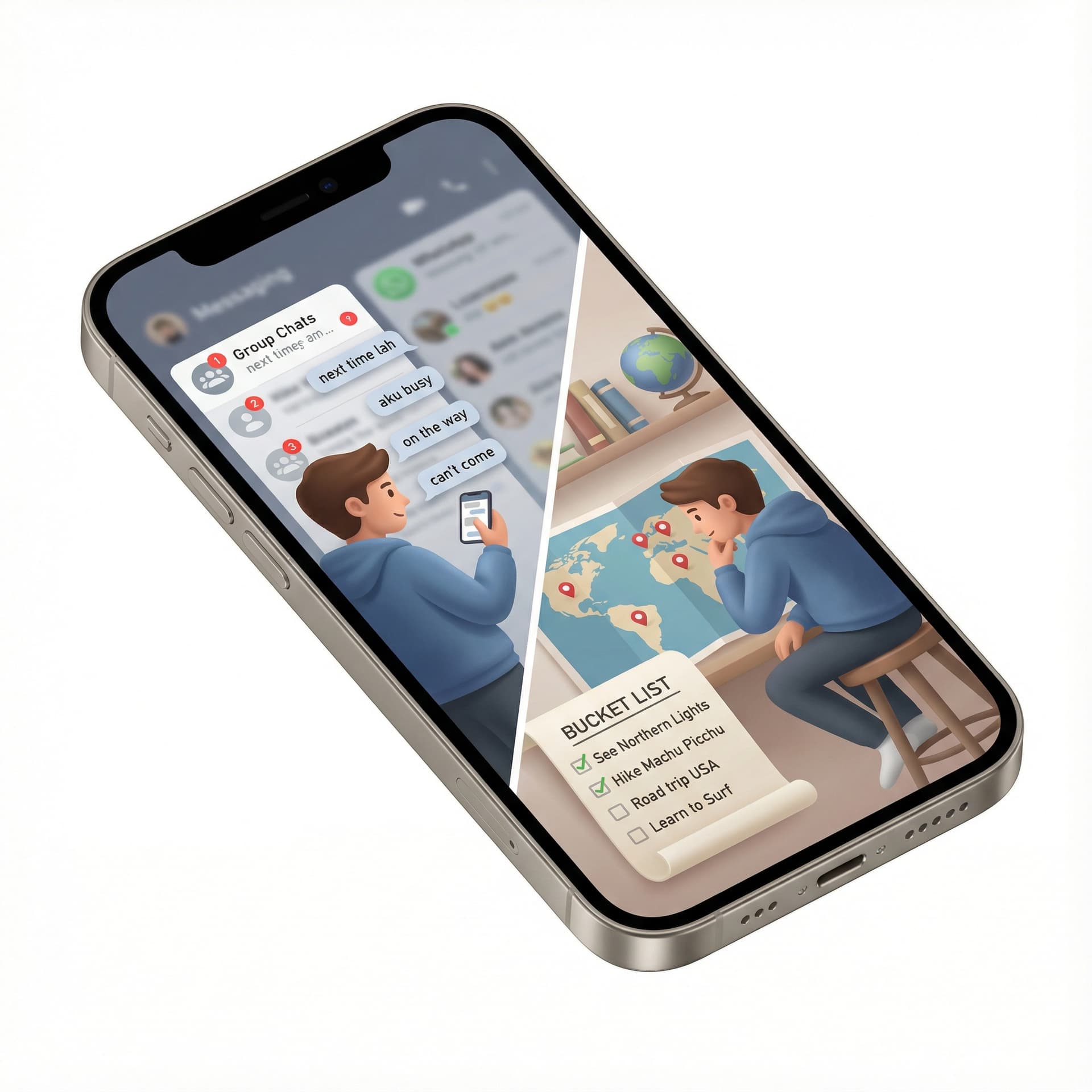 Split-screen illustration:  Left: One person scrolling phone with multiple unread group chats (“next time lah”, “aku busy”).  Right: Same person staring at a map / bucket list with pins.  Muted, reflective tone.