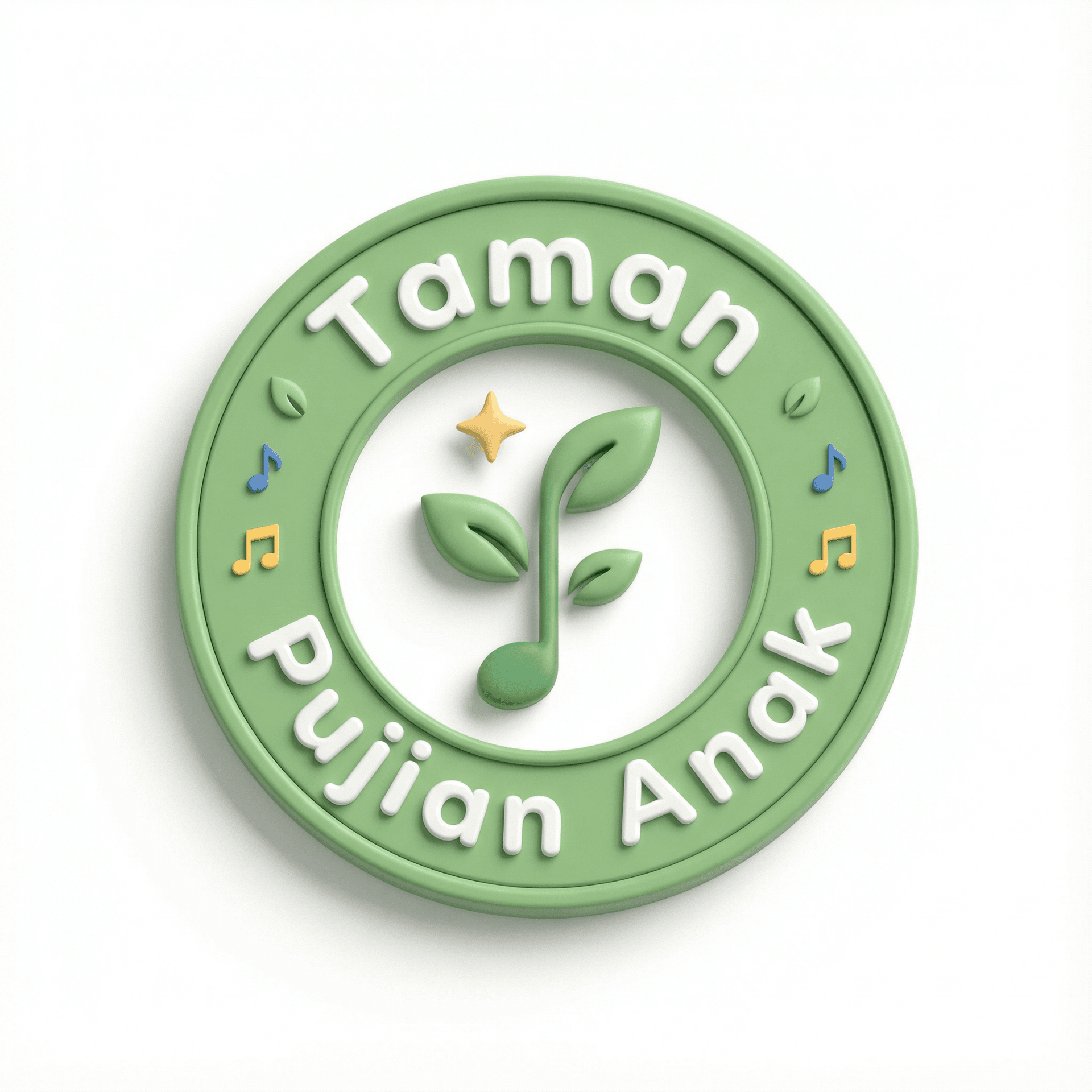 Create a circular badge logo for a children’s Christian music brand called “Taman Pujian Anak”.
Style: flat vector badge, friendly rounded shapes, clean and minimal, high legibility for thumbnails/watermarks.
Badge: circular border with sparse tiny leaves and tiny music notes as subtle decorations.
Text: “Taman Pujian Anak” around the circle in a rounded display font; keep it readable and well-kerned. Tagline optional (prefer omit).
Center icon (front-facing): an upright sprout that subtly forms a simple musical note, perfectly straight-on (no tilt/diagonal/sideways), stem vertical, leaves balanced left/right. Add one small upright star sparkle.
Colors: soft green + warm yellow + white, tiny blue accent; no neon, no heavy gradients.
Output: crisp vector look, transparent background PNG, also a white-background version.
Constraints: no photorealism, no 3D, no clutter, no thin lines, no watermark.
