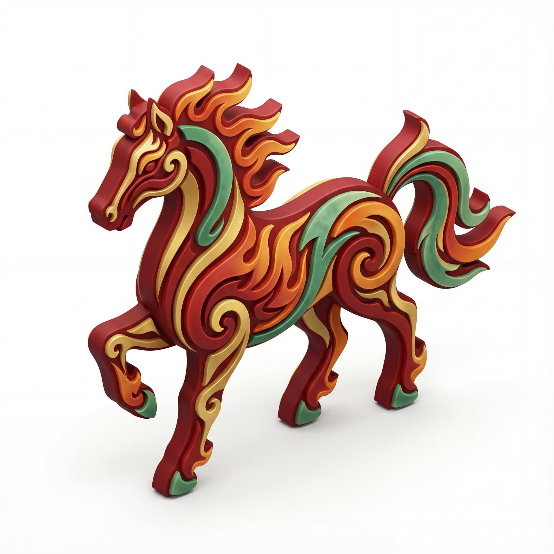 A ceremonial Chinese horse symbol illustrated as a semi-abstract figure, body formed from layered flame motifs and flowing curves, traditional ornamental balance, emblem-like composition, isolated on a white background.