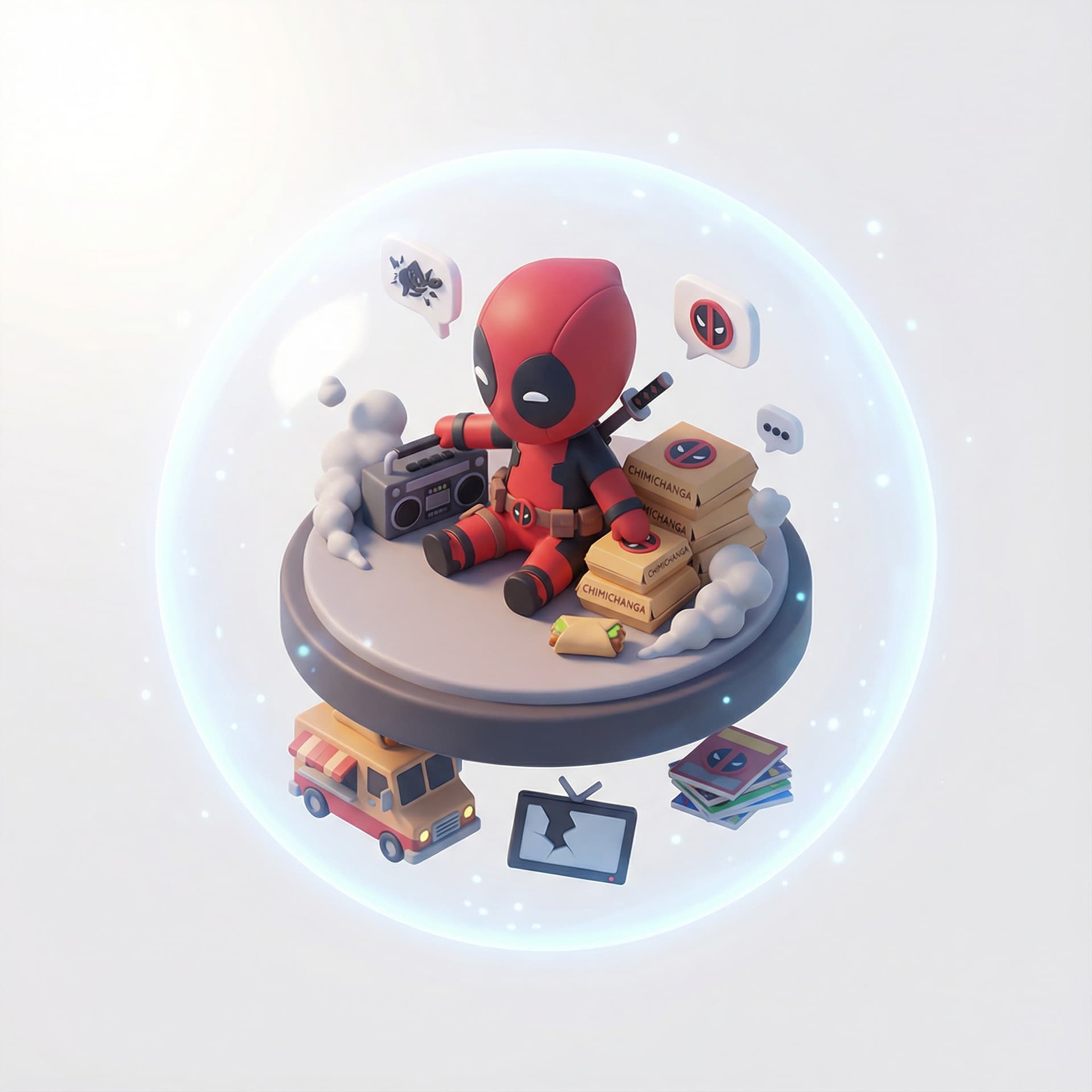 a suspended, adorable three-dimensional stylized vignette of deadpool, higlighting its legendary signature moments. Amplify the mood through environmental effects and atmospheric conditions.