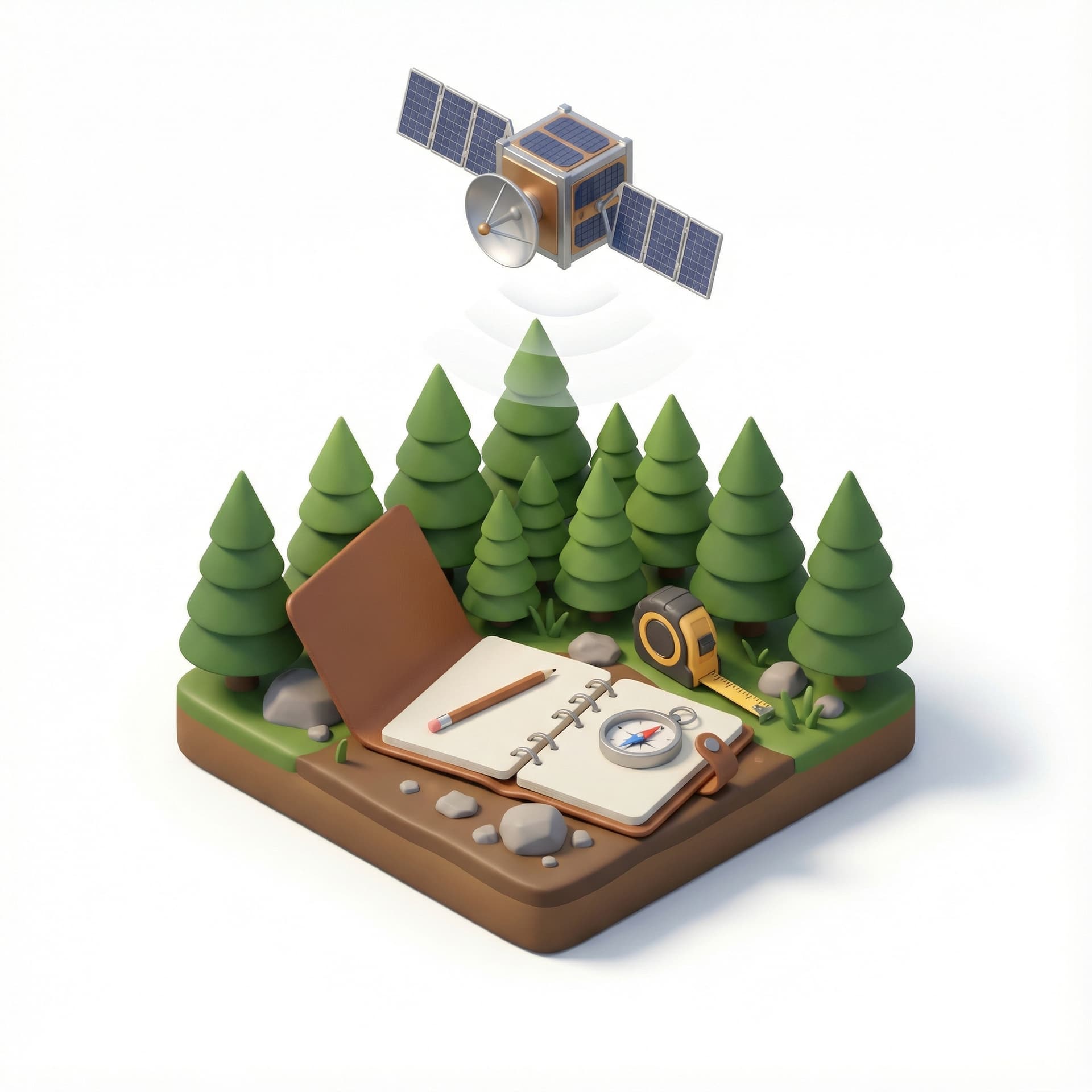 Mini satellite icon above forest tile + open notebook and measuring tools representing hybrid remote + on-site survey.