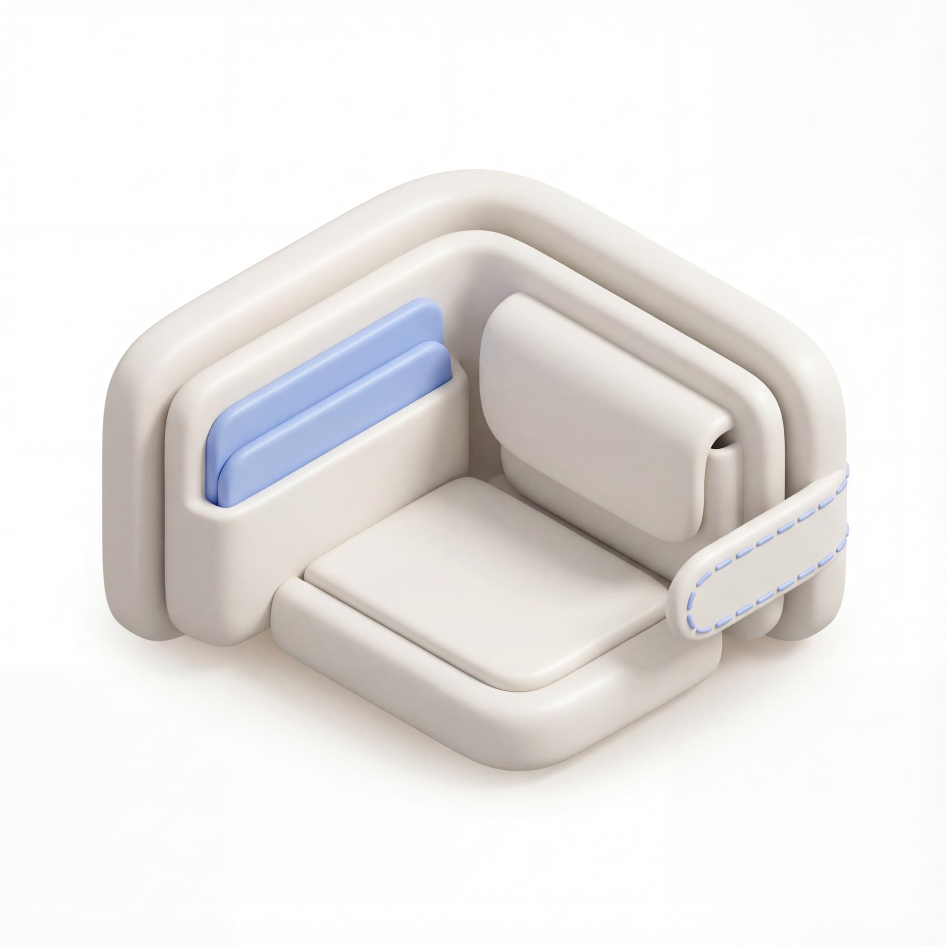 Ikon logo Wallet dengan style Soft 3D Icon clay minimal tebal membulat detail rendah konsisten pencahayaan lembut bayangan kontak ringan dan warna neutral off-white dengan aksen biru lembut.