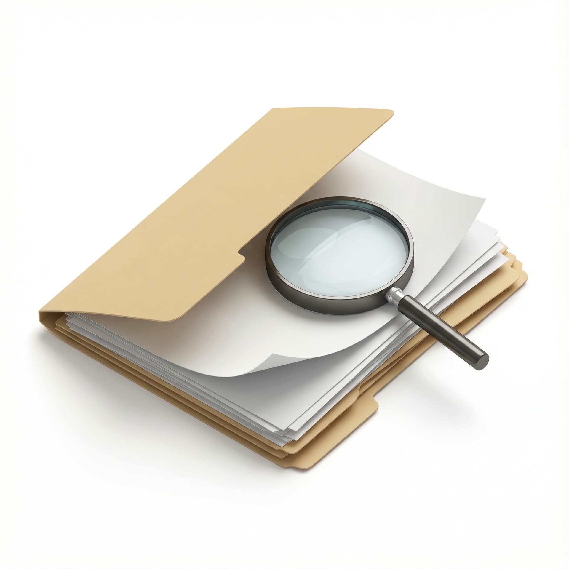 Review file lembaran kertas dengan kaca mata pembesar dan tanpa tulisan approve dan tanda check.