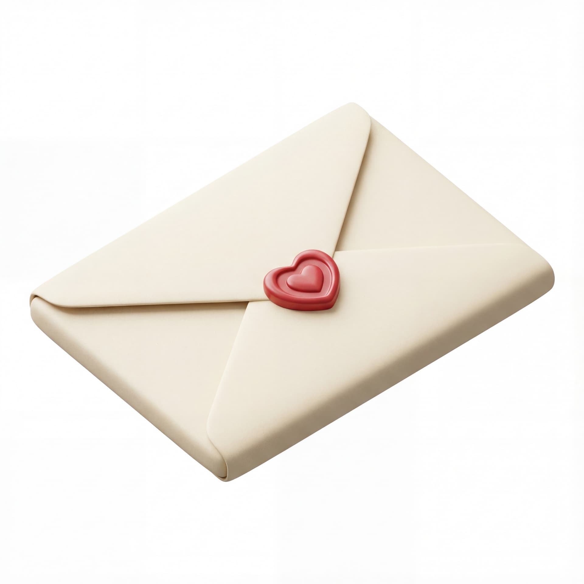 A love letter envelope icon with a rectangular shape, rounded edges, triangular flap, small heart-shaped seal centered on the flap, flat front view, isolated on a white background.