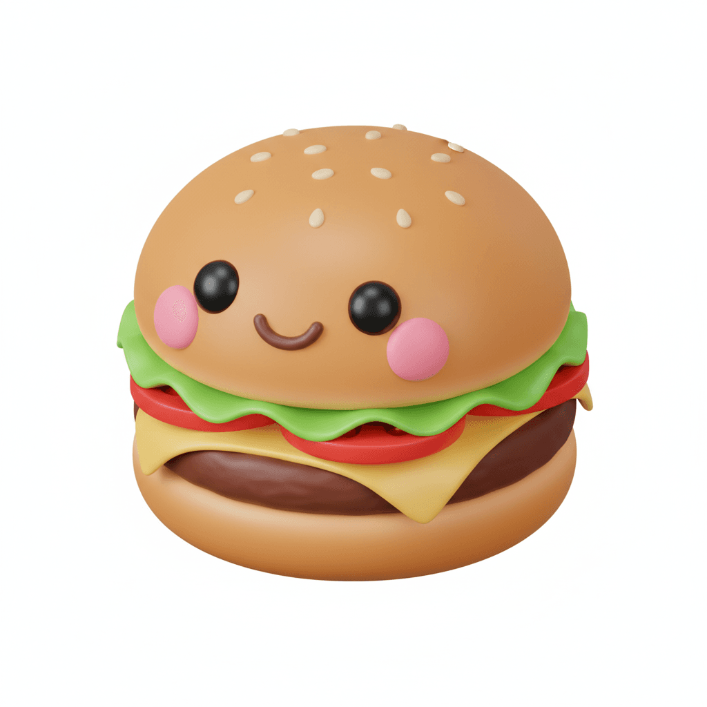flat pastel icon of a kawaii burger character with wide cheeks and a happy bounce pose
