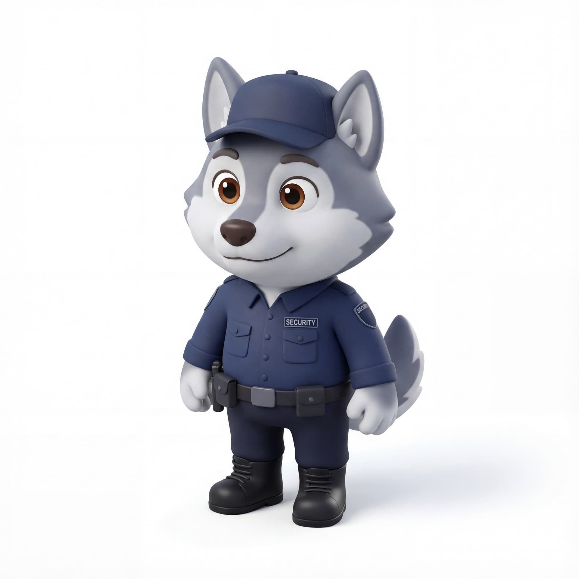 A cute cartoon wolf mascot character dressed as a security guard, full body, front-facing, rounded proportions, big expressive eyes, soft shading, friendly neutral smile, centered composition, isolated on a white background.