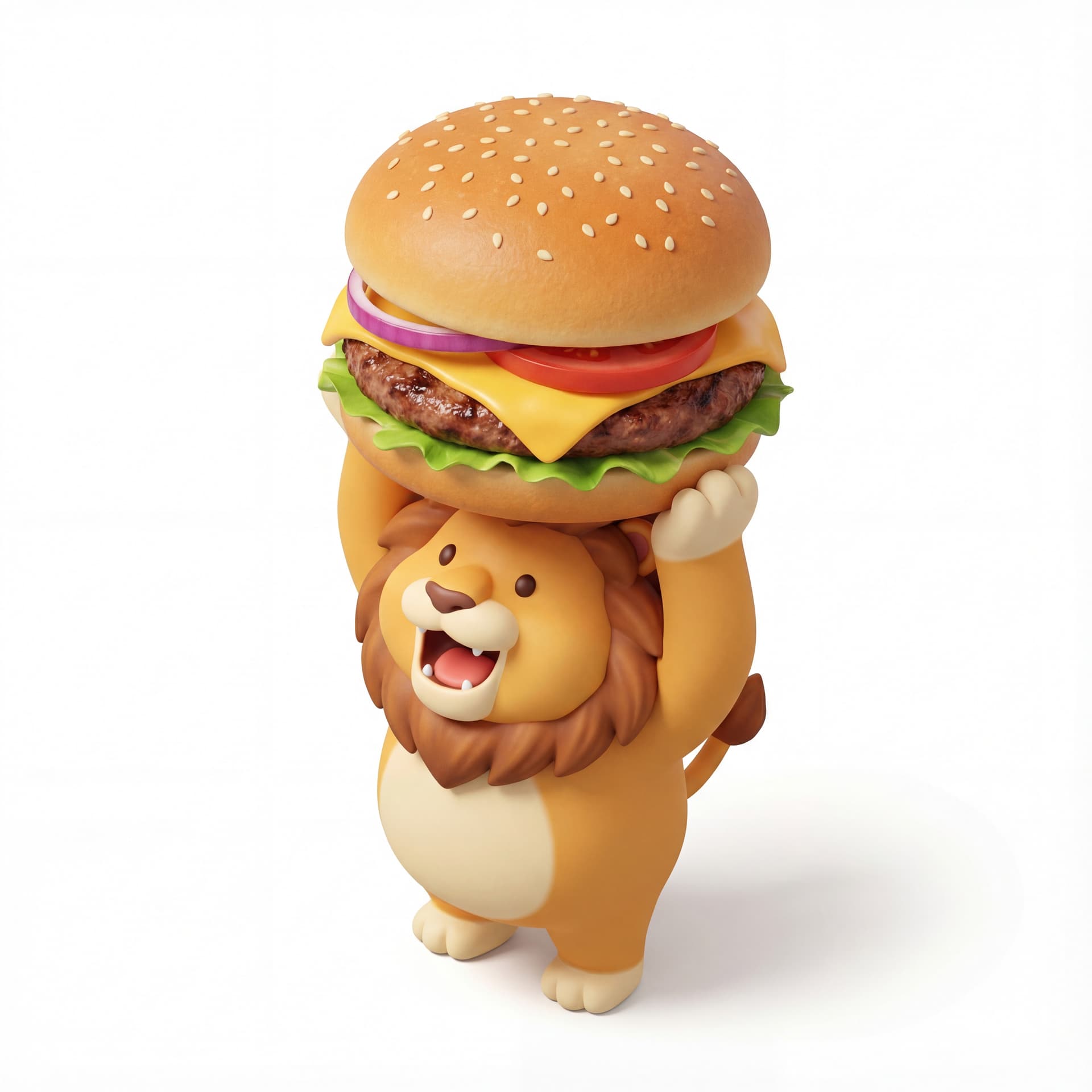 An isometric fat cute cartoon lion holding food above its head with both paws, mouth open in excitement.