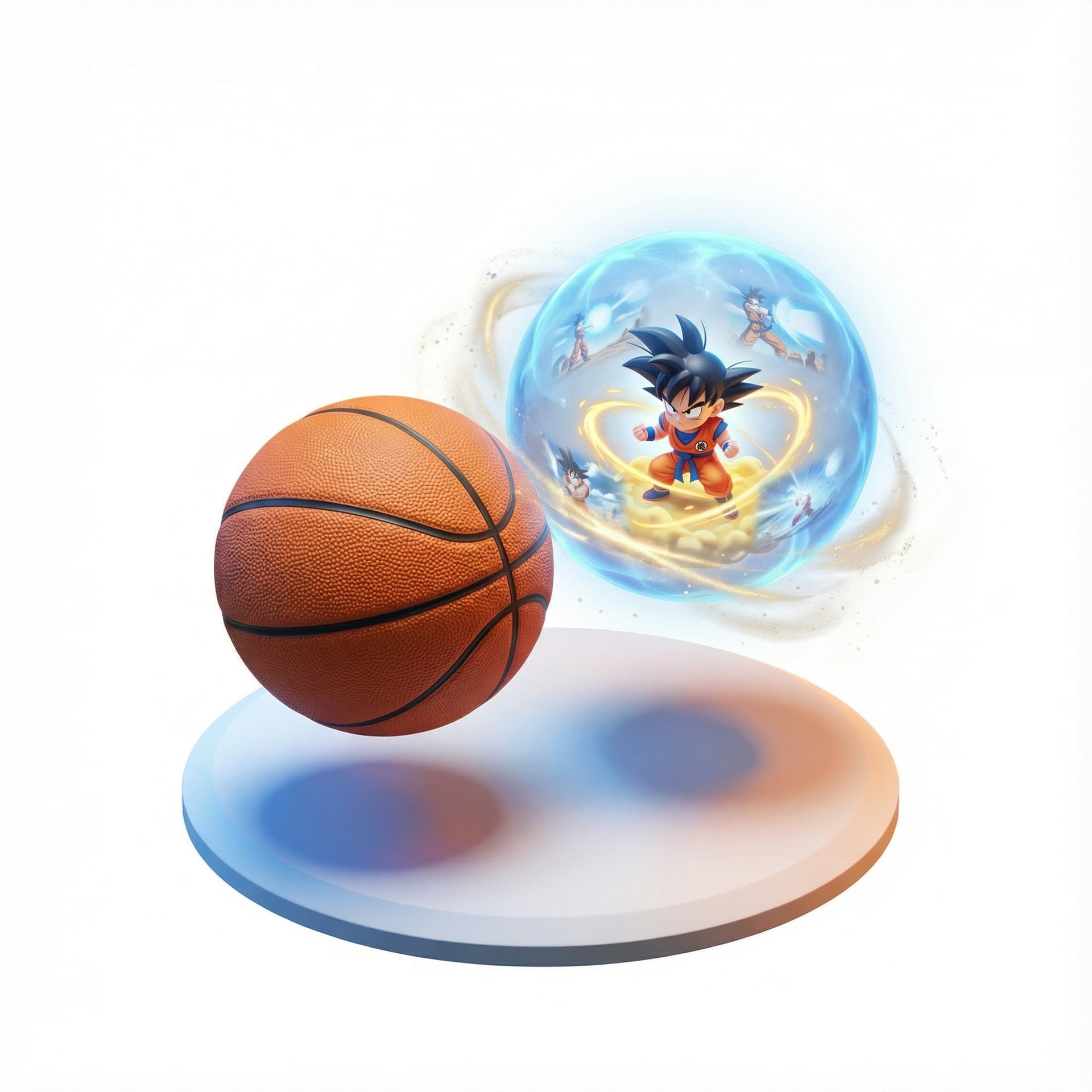a suspended, adorable three-dimensional stylized vignette of Son Goku and its spirit Ball, higlighting its legendary signature moments. Amplify the mood through environmental effects and atmospheric conditions.