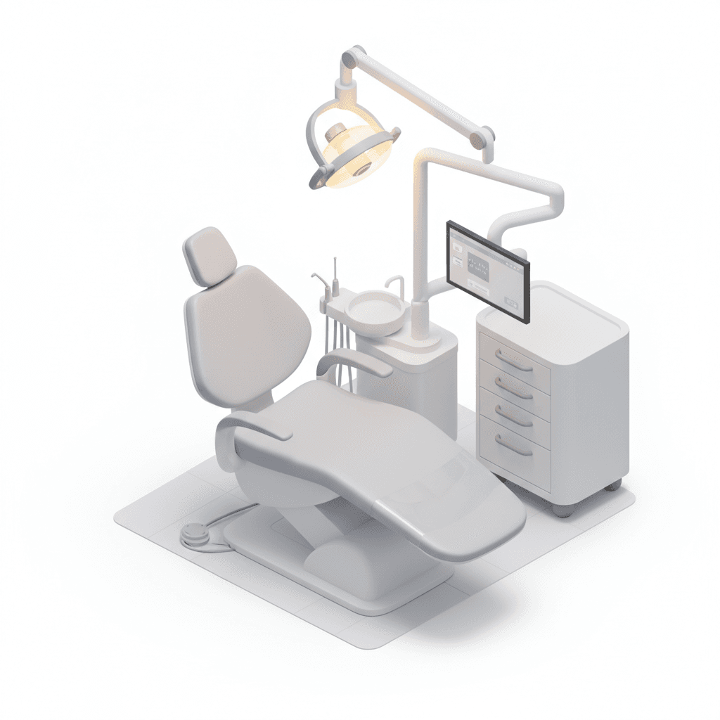 3D isometric illustration of a modern dentist chair equipped with an overhead lamp glowing warm yellow light, soft reflections across metallic joints, integrated side monitor displaying a neutral interface, clean medical environment, balanced composition with clear focal point and subtle copy space