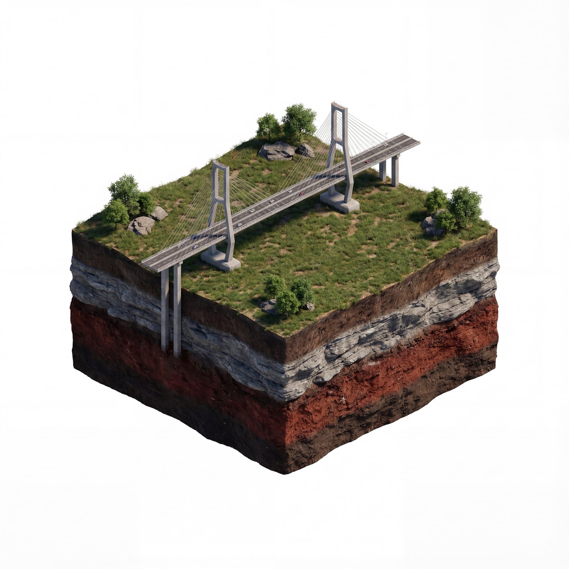 floating island base with layered soil + Suramadu Bridge