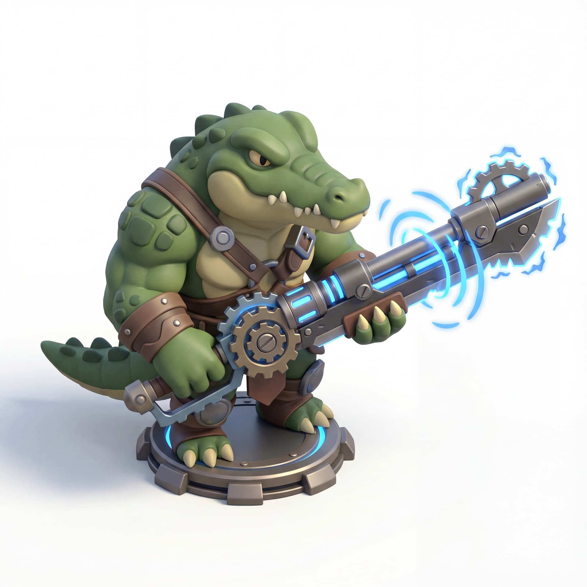 A 3D chibi crocodile warrior gripping a heavy mechanical gunblade, hybrid sword-gun emitting pulsing energy waves, mechanical aura flickering along the edges, muscular chibi proportions, isolated character.