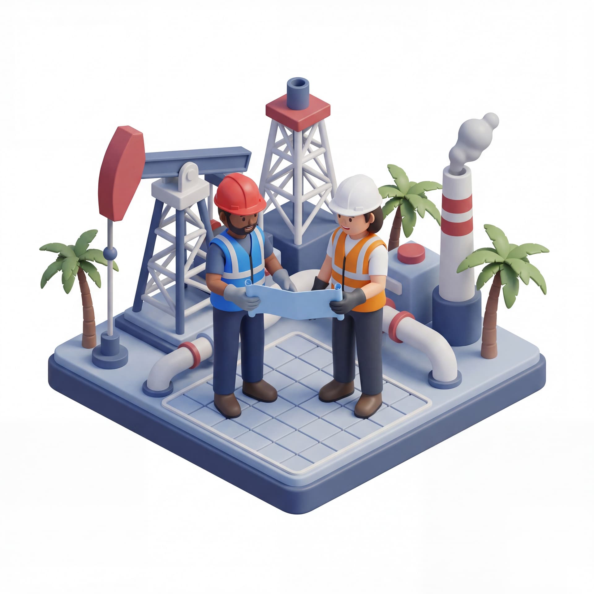 Semi-realistic cartoon illustration, professional industrial safety theme, HSSE corporate style, Indonesian oil & gas facility background, clean modern color palette (red, white, blue safety tones), diverse workers wearing proper PPE (helmet, safety vest, gloves), friendly but serious mood, cinematic lighting, clear storytelling composition, high detail, smooth shading, no text distortion, no watermark, no logo distortion