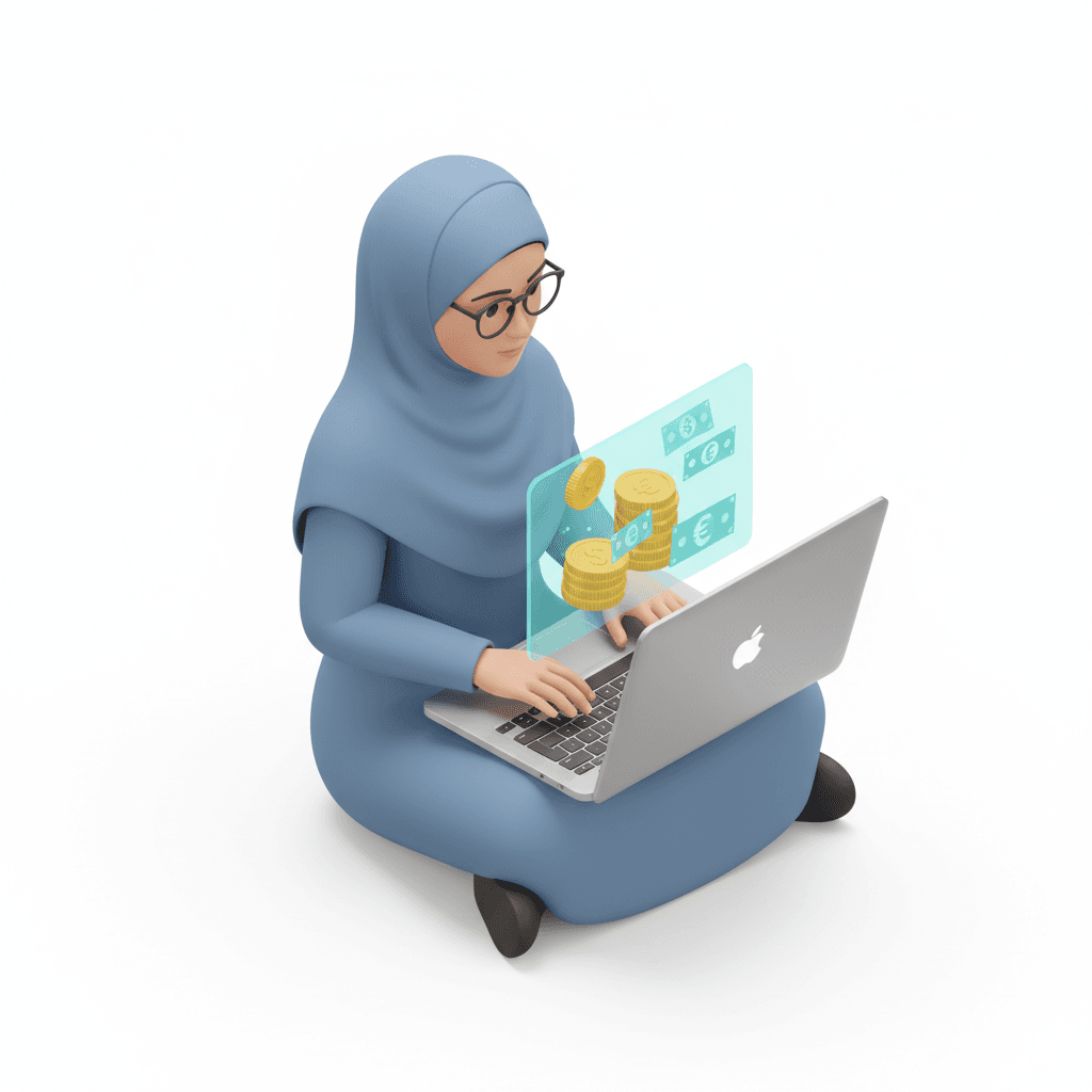 A glasses muslim woman wearing a hijab with a laptop reflecting a hologram image of money