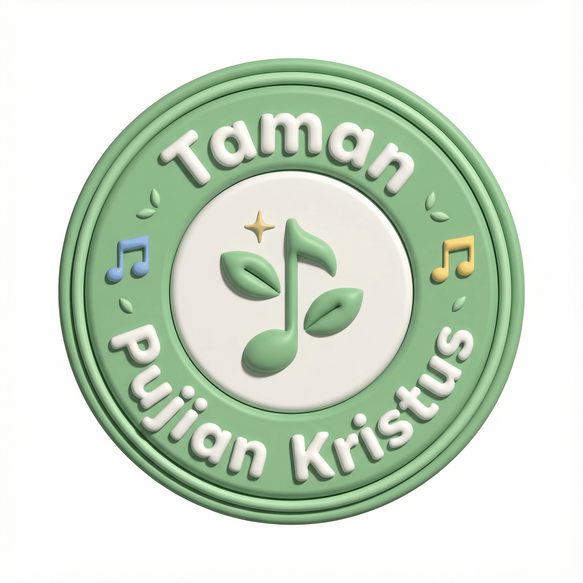 Create a front-facing 3D circular badge logo in a soft clay / rubber toy style for a Christian worship channel named “Taman Pujian Kristus”.

Look & material: matte pastel polymer clay, smooth rounded edges, subtle bevels, soft studio lighting, gentle shadow on a clean white background, premium minimal look (not glossy, not metallic).
Badge shape: thick circular ring with an inner cut-out circle, slight layered rim like a molded rubber patch.

Typography: rounded friendly sans letters, chunky and embossed/extruded 3D, white letters with soft shadows, evenly spaced around the ring.
Text placement: “Taman” on the top arc, “Pujian Kristus” on the bottom arc (exact spelling). Make the text perfectly upright, centered, and readable.

Center icon (important): an upright sprout that subtly forms a simple musical note (the stem is vertical, leaves balanced left and right), with a small star sparkle above it. Add a very subtle Christian cue by shaping the star sparkle like a tiny cross-star (minimal, tasteful, not dominant).

Side details: small colorful music note icons embedded on the left and right inside the ring (blue and yellow notes), plus tiny leaf marks on the ring as minimal decoration.

Color palette: main badge pastel green, inner area off-white, accents: soft blue and soft yellow for music notes, warm pale gold for the star.
Composition: perfectly front-facing, no tilt, no perspective angle, centered, symmetrical, lots of clean negative space.

Output: high-resolution, crisp edges, no watermark, no mockup, no extra text, no background scene.
Deliver two versions: (1) transparent background PNG, (2) white background.
