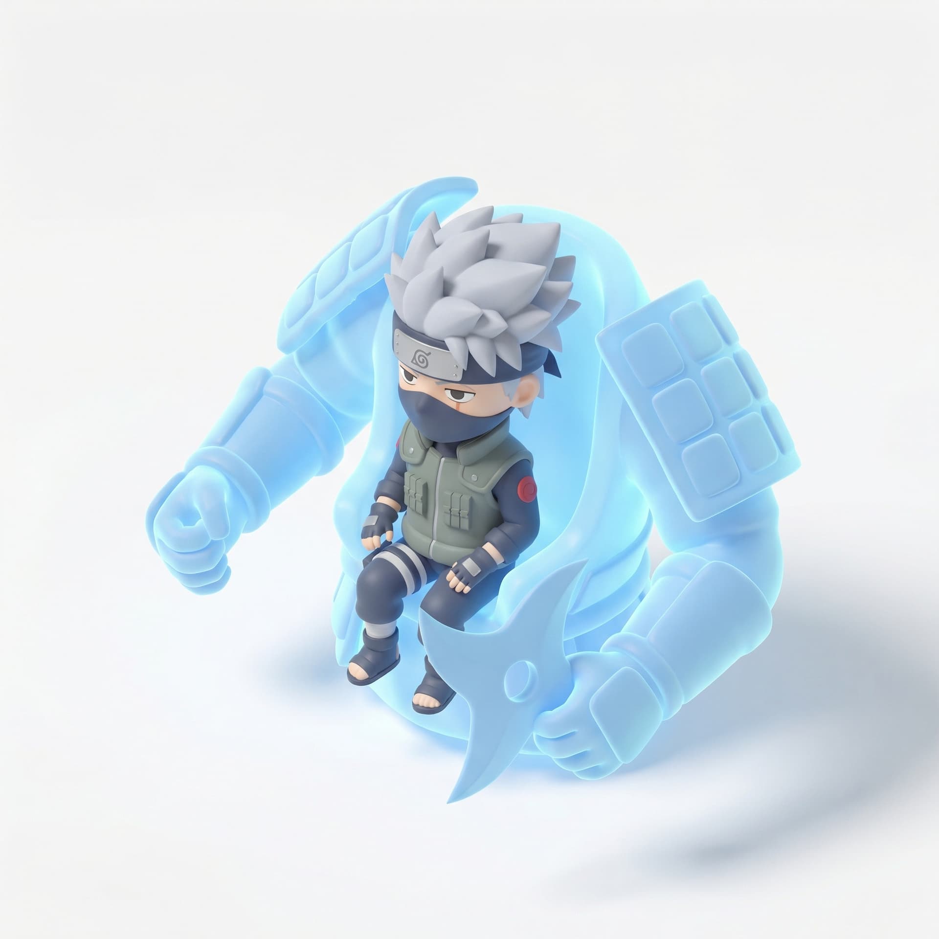 Kakashi sedang berada di susanoo berwarna biru muda dan susanoo nya memeganh shuriken dan style nya chibi
