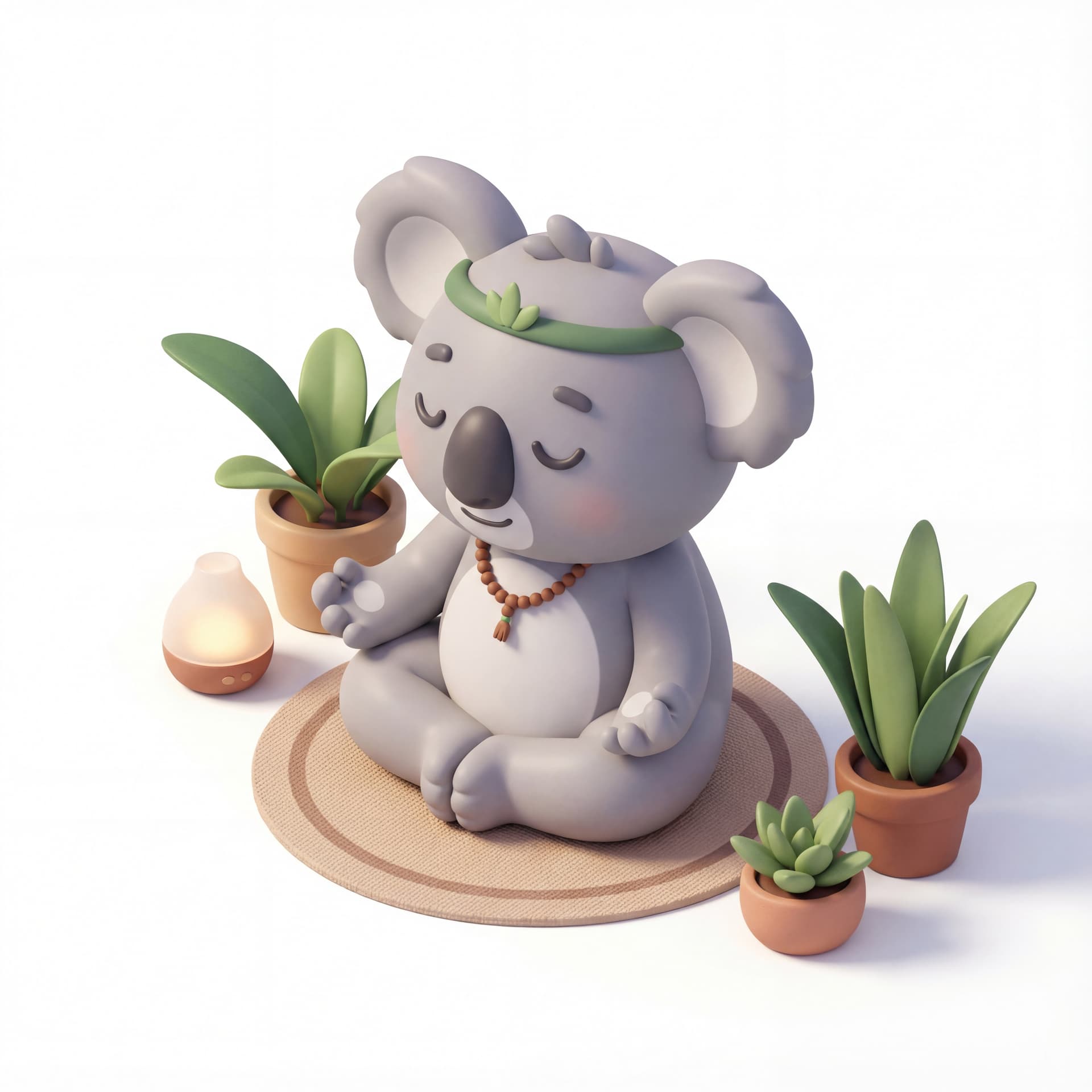 A cute cartoon illustration of a koala yoga instructor in a meditation pose, wellness and mindfulness concept, isolated on a white background.