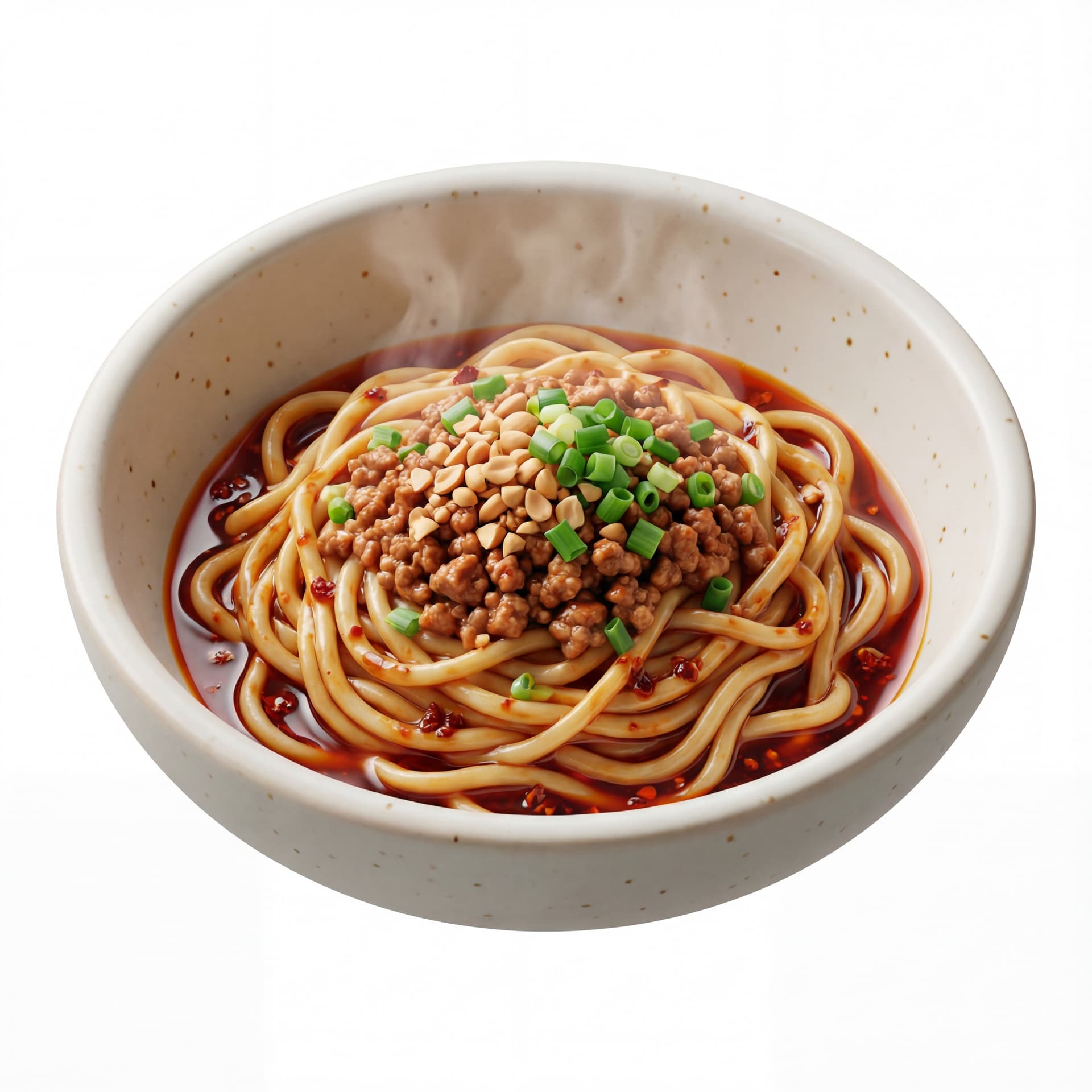 A wide bowl holding Dan Dan noodles with wheat noodles, minced pork, chopped peanuts, green onions, and chili oil.